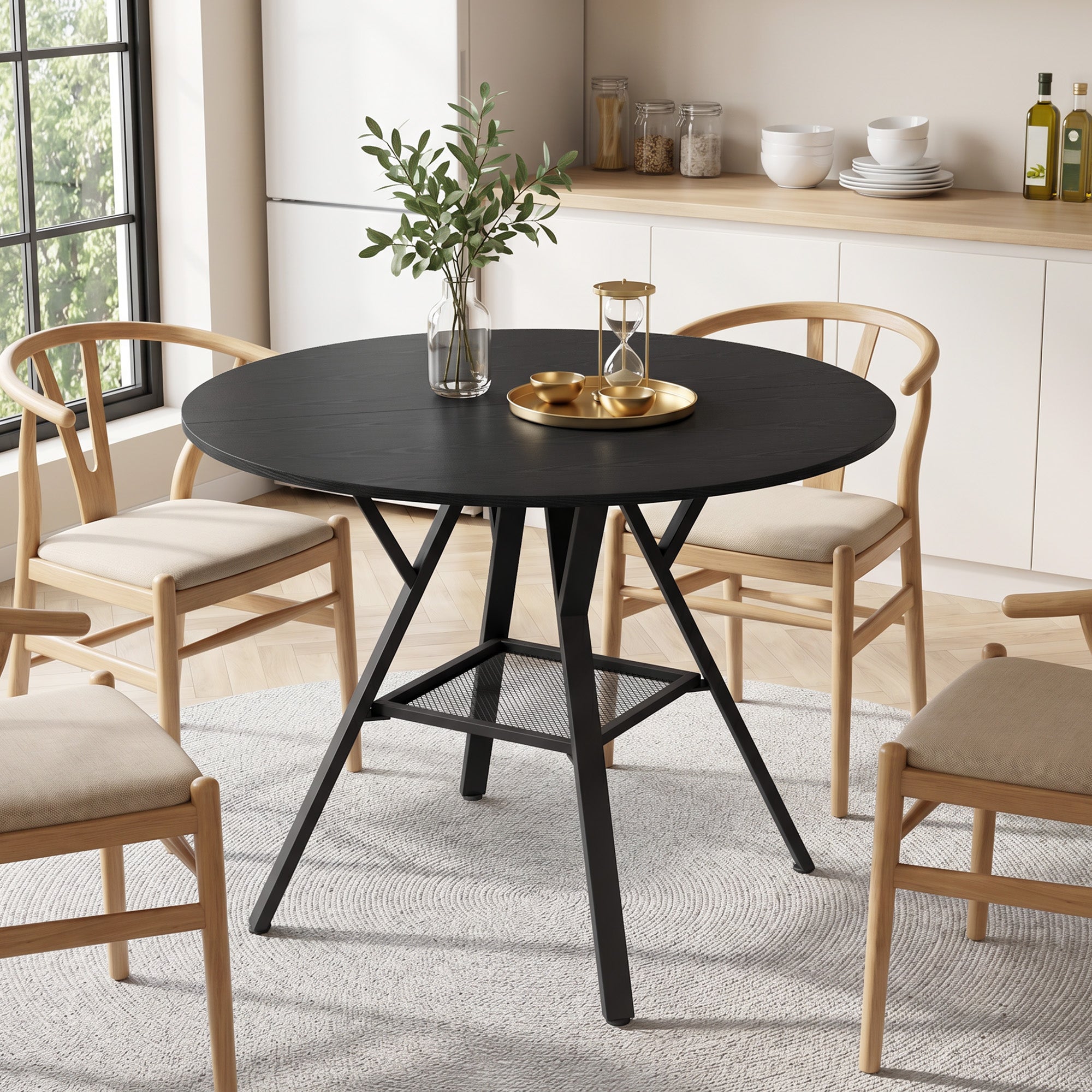 Mesa de comedor redonda moderna de madera negra y metal 100cm - Mesa de cocina industrial negra para 4-6 personas con estante de almacenamiento - 2