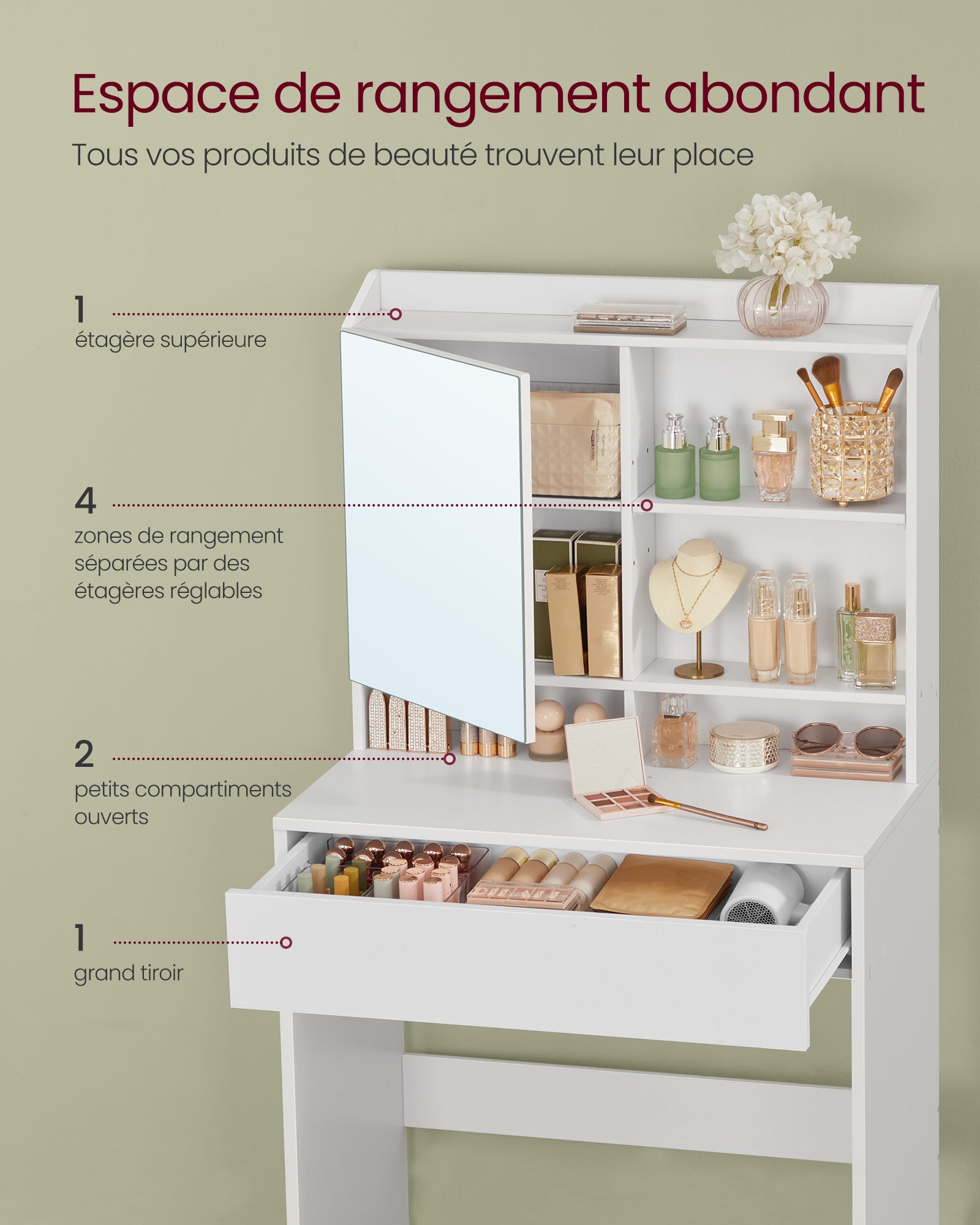 Coiffeuse avec Miroir - tiroir, étagères réglables - Style Moderne - 70 x 40 x 136 cm - Blanc - 2