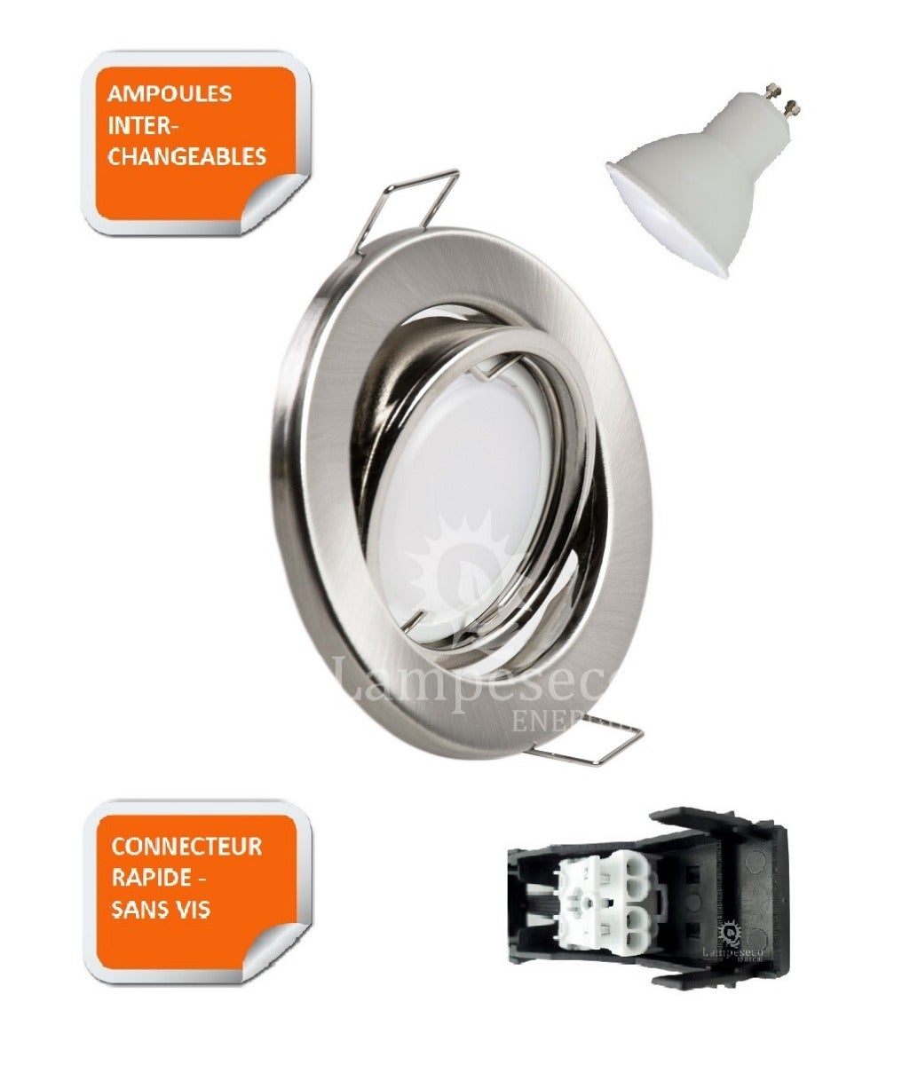 Lot de 15 spot led encastrable orientable alu brossé avec ampoule gu10 230v eq. 50w, blanc chaud - 2