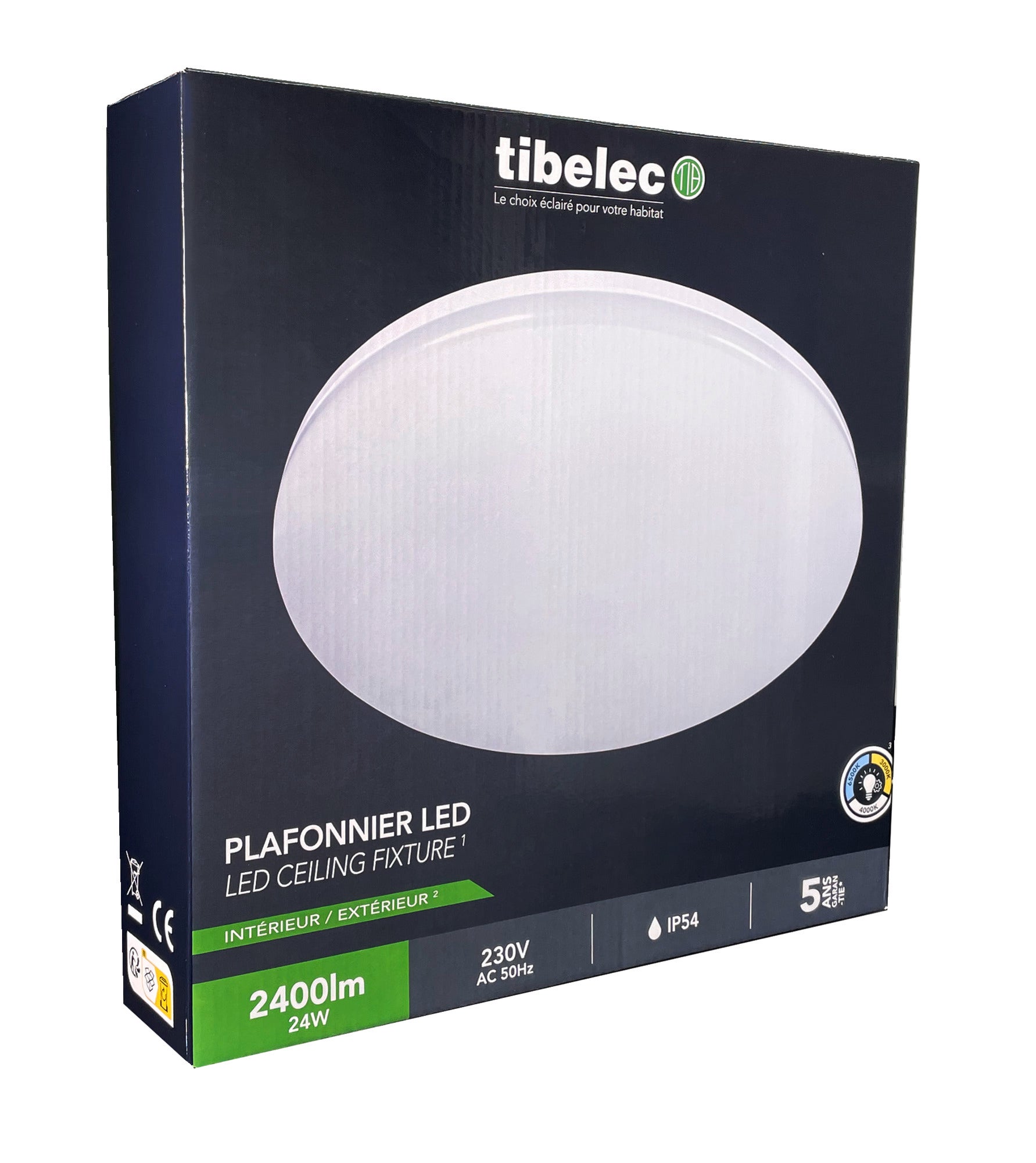 Hublot LED Rond Blanc, 24W, IP65, 2400 lumens, couleurs reglables 3000/4000/6500K, extra plat, puissant, garantie 5 ans - Tibelec - 7