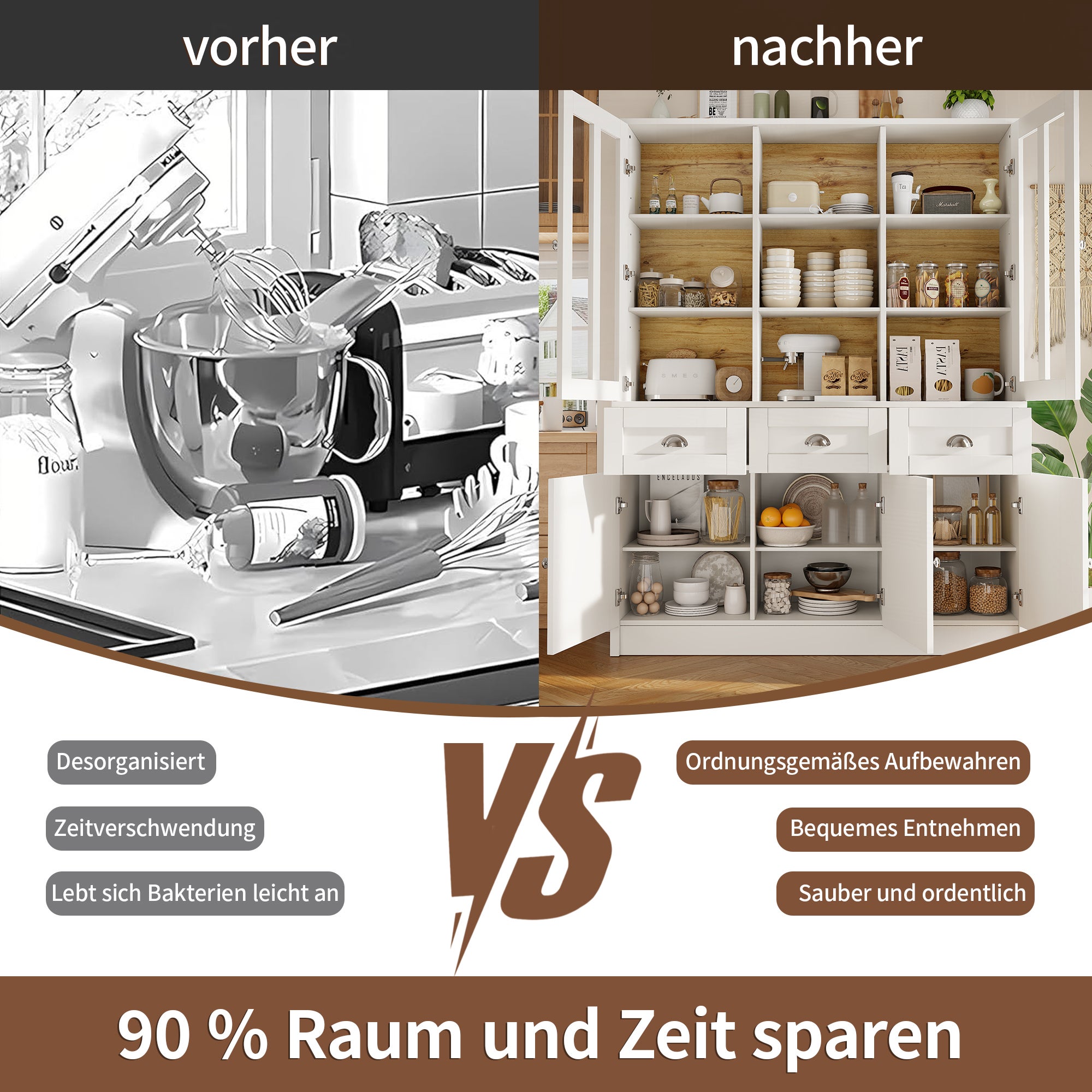 Credenza da cucina con 5 ante, 3 cassetti e ripiani portaoggetti, vetrina - 140 x 38,5 x 175 cm - MDF - Bianco + naturale - 7