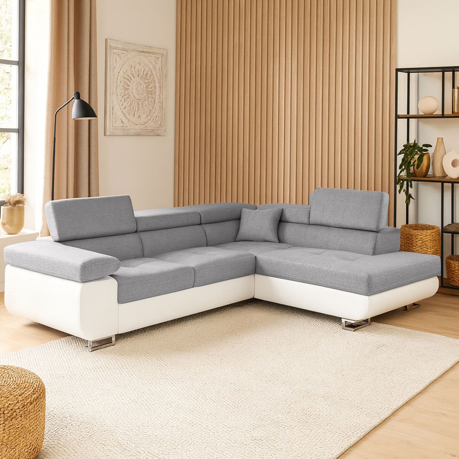 Canapé d'angle convertible Antoni avec têtières relevables angle à droite simili Blanc et tissus Gris clair - 6