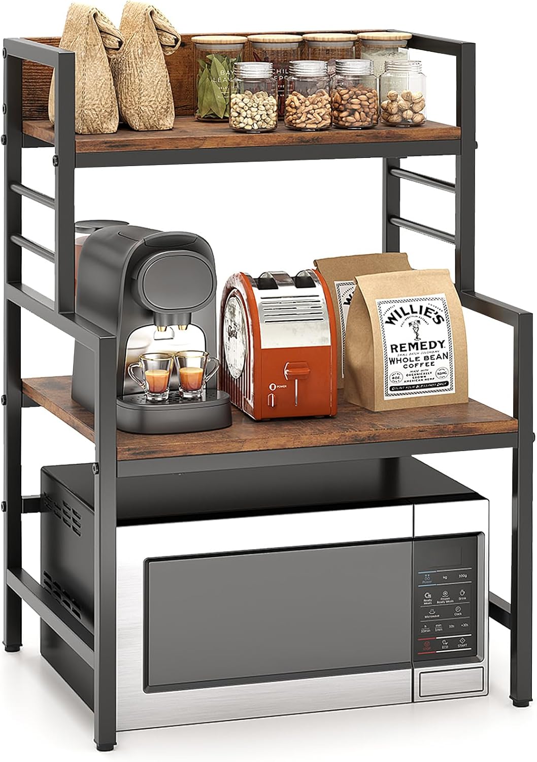 Suport pentru cuptor cu microunde cu 3 niveluri, organizator industrial de blat 2 rafturi deschise, cadru metalic robust, maro rustic