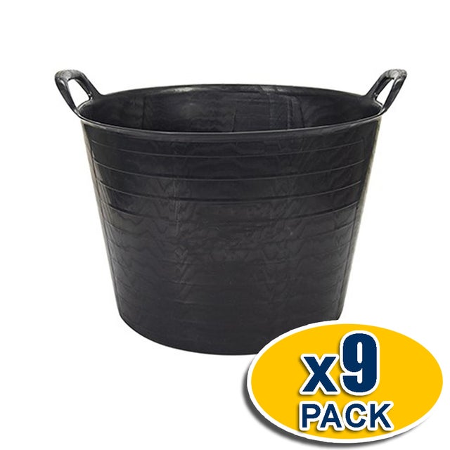 Pack 9 Paniers Noirs souples et résistants pour la construction et le jardinage (42 L) - Poignée renforcée. Travaux agricoles, construction...