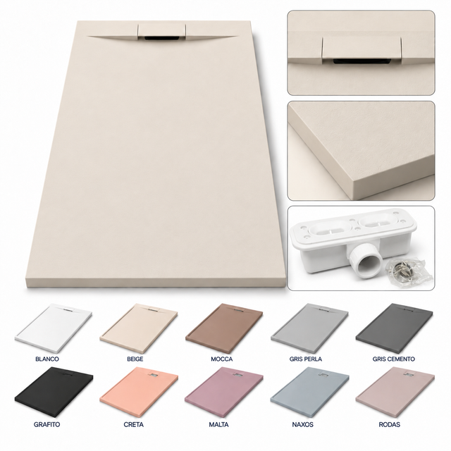 Plato de Ducha de Resina Antideslizante | 120x80 | Incluye Válvula Oculta de Desagüe y Rejilla | Color Beige RAL 1013