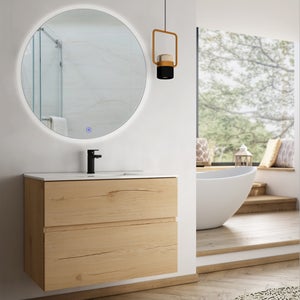 Meuble de salle de bain simple vasque - 2 tiroirs - MIG et miroir rond Led SOLEN - roble (chêne clair) - 60cm