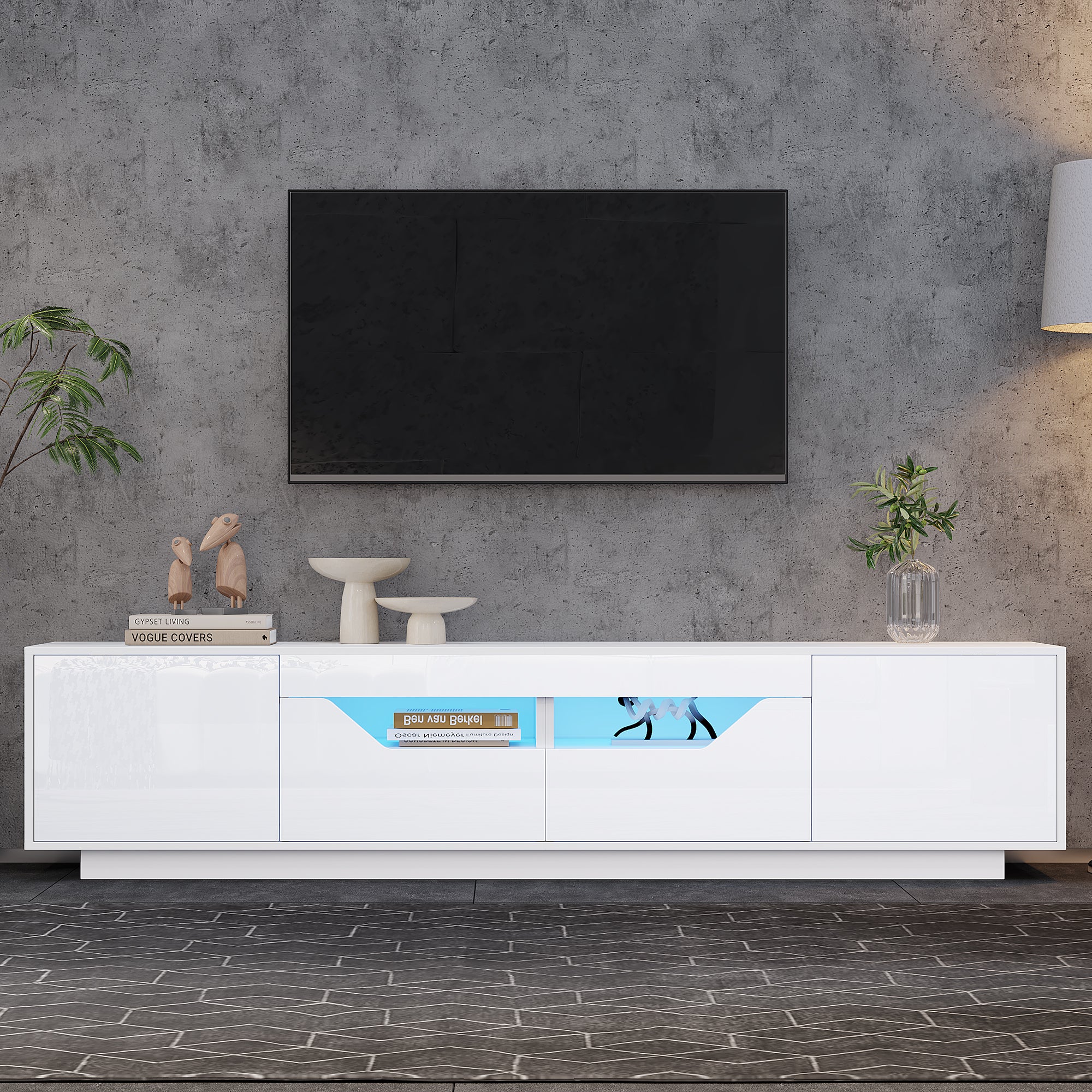 Meuble TV brillant 180x40x45 cm - avec éclairage LED - 2 tiroirs et 2 portes - Compatible avec téléviseurs 75 pouces - Blanc - 4