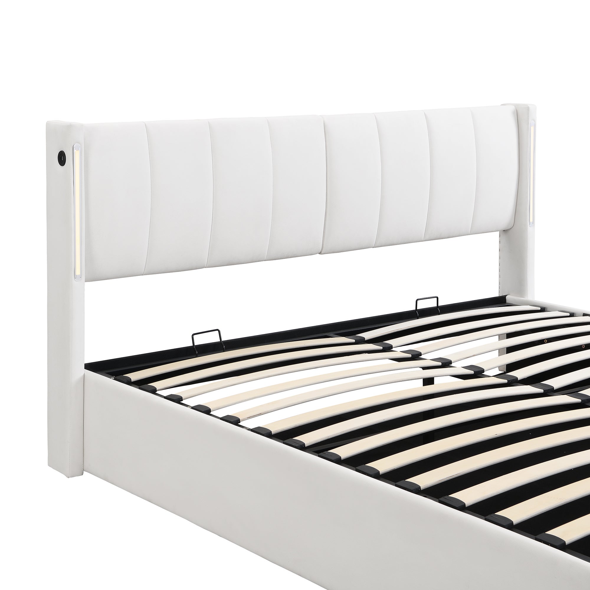 Cama contenedor tapizada en piel sintética - 160x200 cm - con puerto USB y LED - cabecero de ángulo ajustable - Blanco - 9