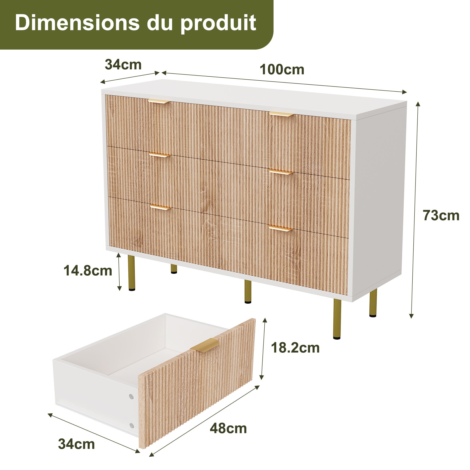 Commode avec 6 tiroirs, COZY, commode de chambre en bois, pieds en métal, 100x34x73 cm, pour chambre et salon, Blanc et Bois - 6