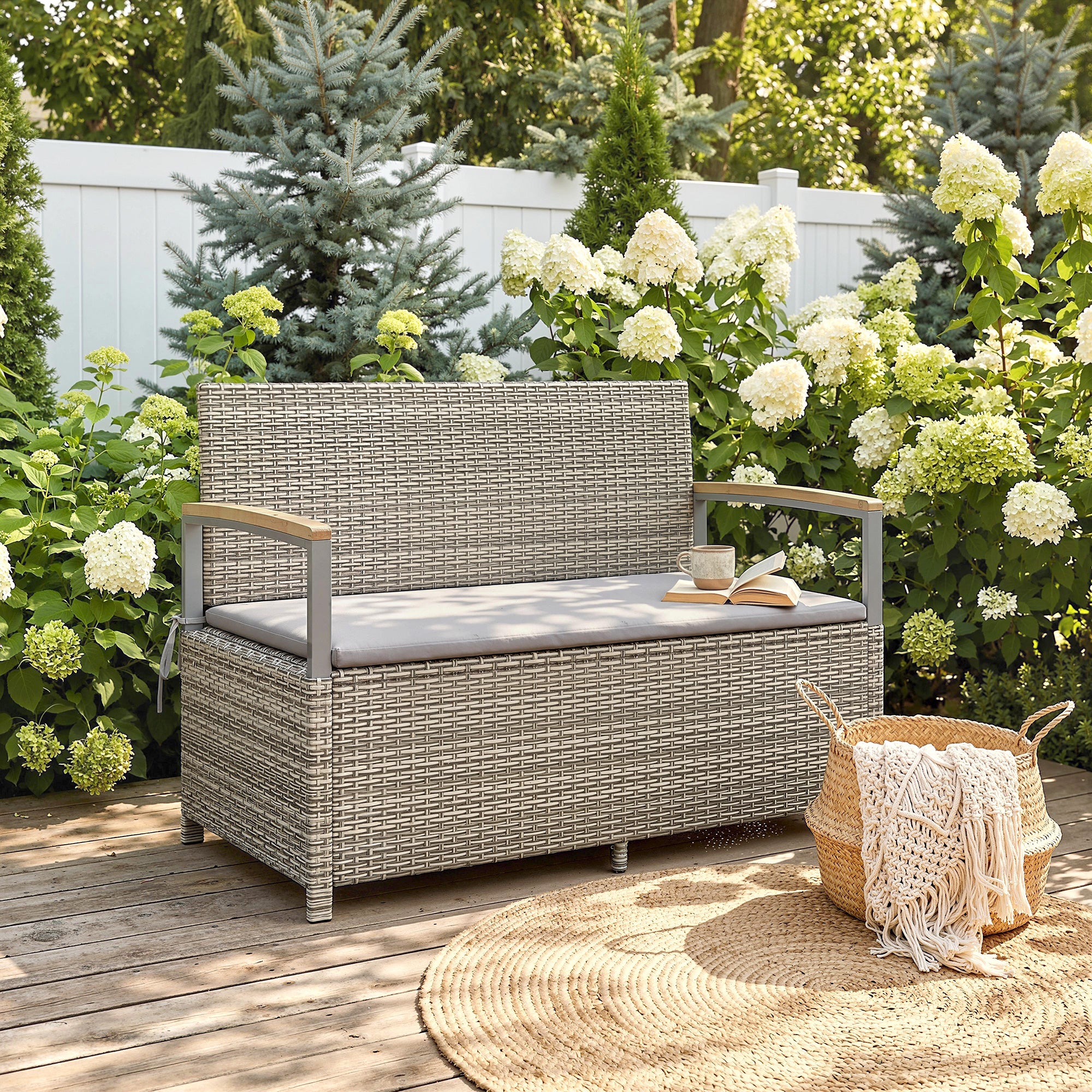 Banc de Jardin Banquette avec Coffre de Rangement 170L 2 Places Coussin Déhoussable Résine Tressée 120x60x84cm Gris - 4
