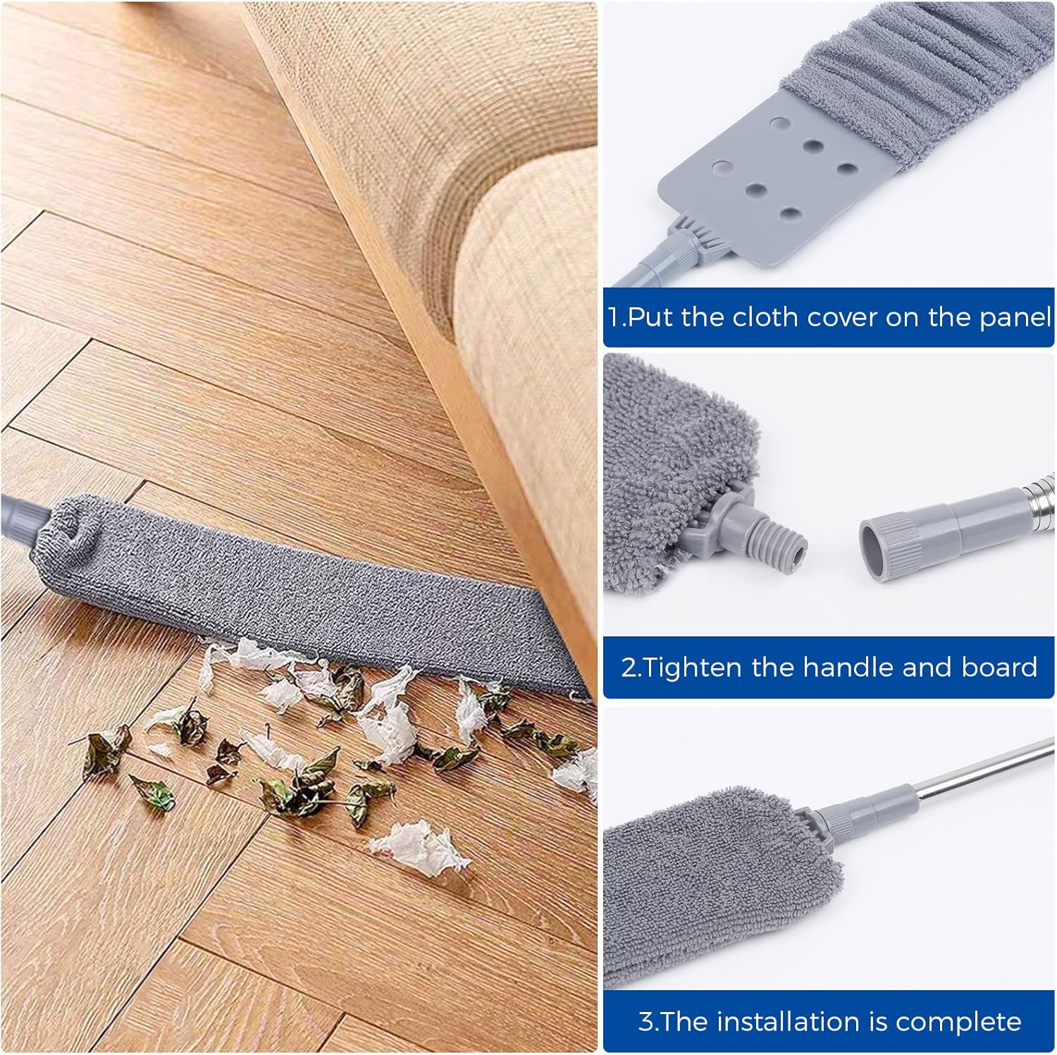 Plumeau rétractable pour le nettoyage des espaces avec 2 chiffons en microfibre, tige de 2,4 m et brosse lavable et rétractable. - 4