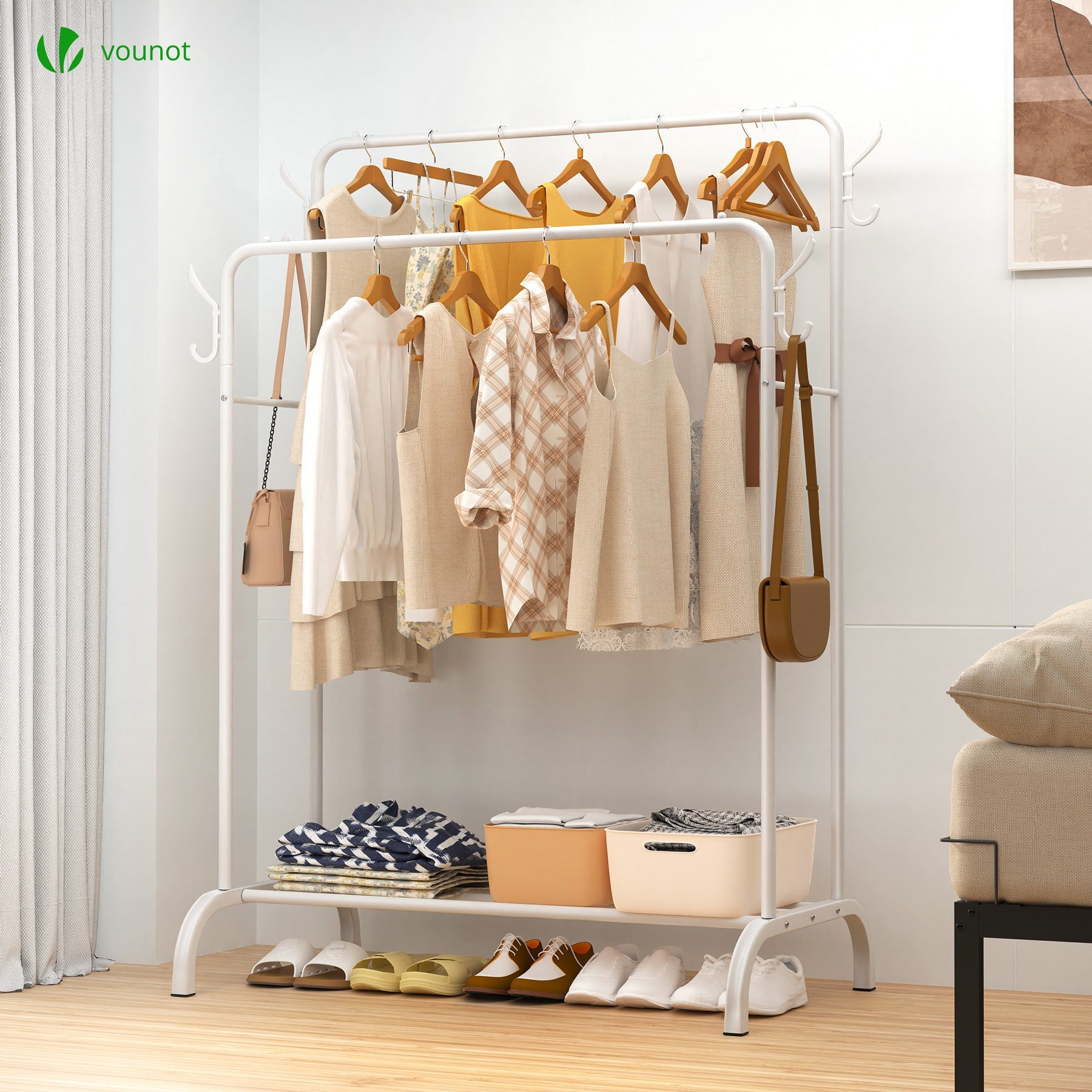 Portant a Vetements Double avec etagere Chaussures 4 Crochets Lateraux 110x58x150cm metal Blanc VOUNOT® - 2