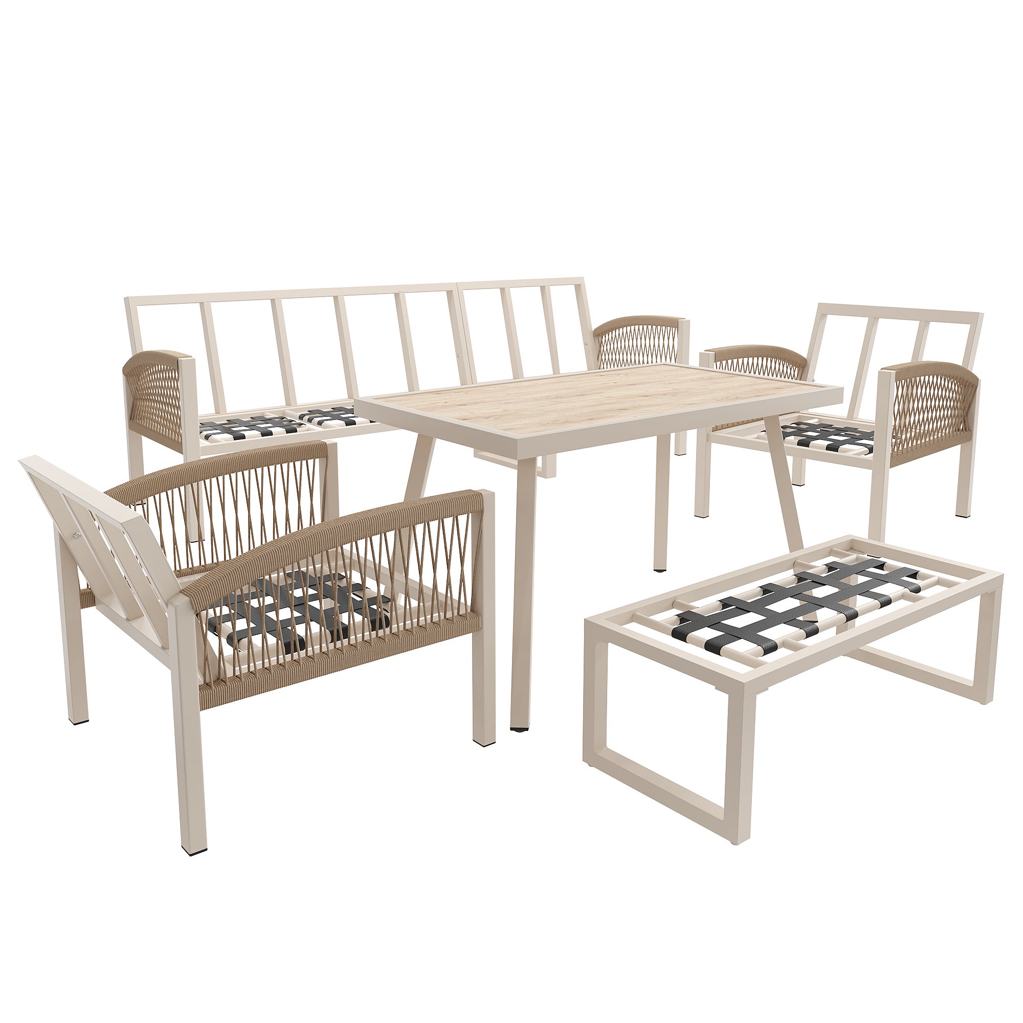 Sofá de jardín 7 plazas,Estructura de hierro resistente con cojines beige, Incluye mesa de cristal aspecto madera y 2 sillones, Conjunto para terraza - 5