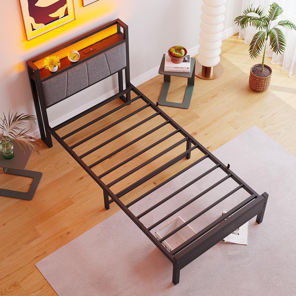 Łóżko dla dorosłych z inteligentnym oświetleniem LED i portami USB, metalowa konstrukcja, czarne - 90 x 200 cm - 7