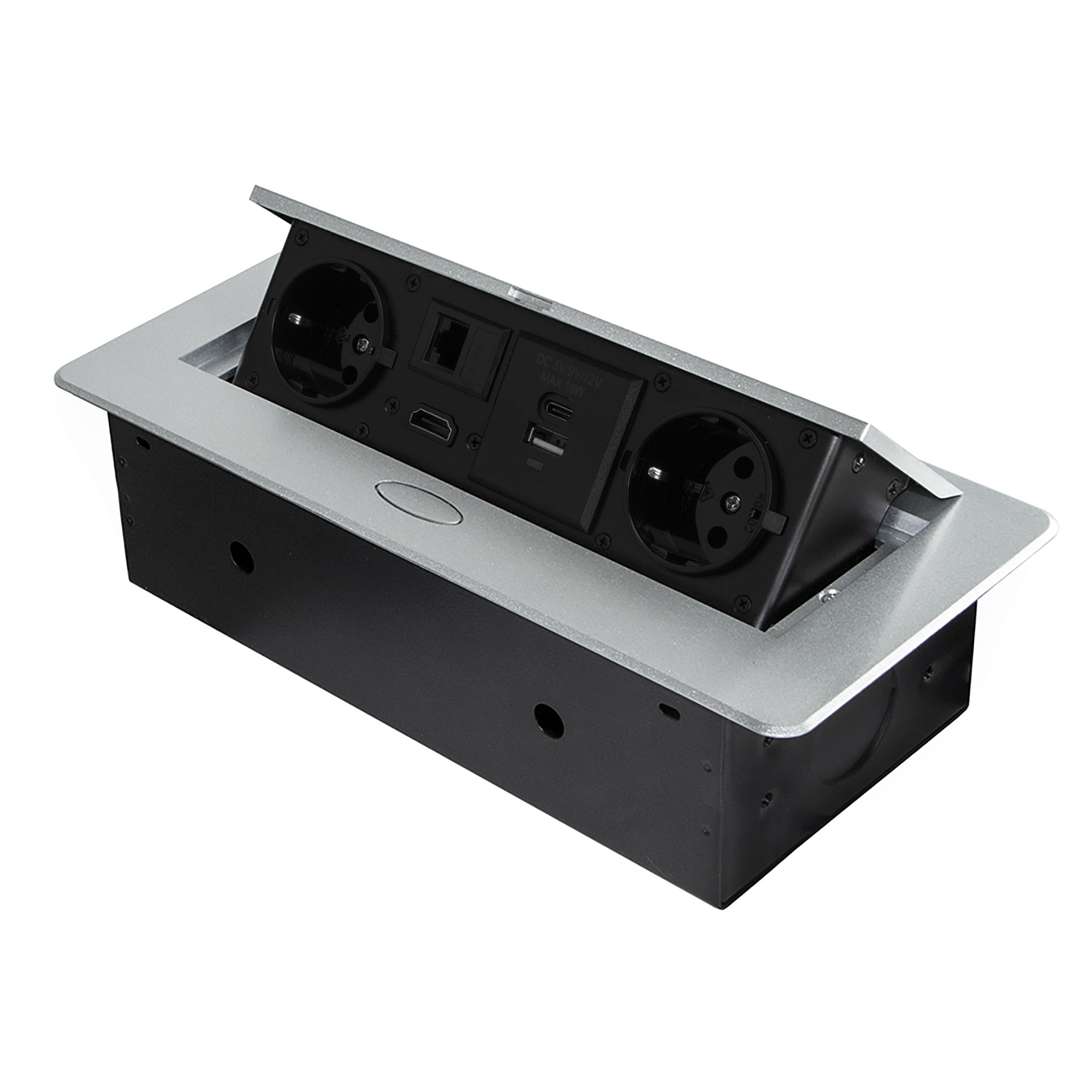 Emuca Listwa zasilająca biurkowa Atom 26, 225x111 mm, 2 gniazda Schuko, 1 USB typu A, 1 USB typu C, 1 RJ45, 1 HDMI, Znal-stal-plastik, Metaliczny