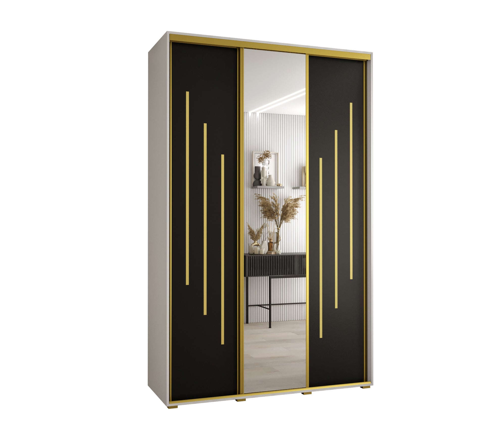 Szafa przesuwna z lustrem wysoka Davos 9 150 x 60 x 235,2 cm biały + czarny + u. złoty - Abiks Meble
