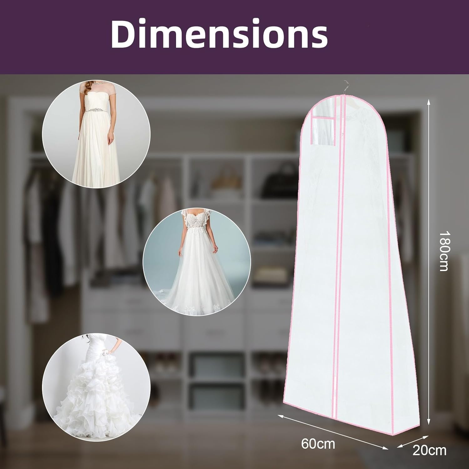 Custodia Protettiva Per Abiti Lunghi E Da Sposa – Copriabiti Traspirante In TNT Con Cerniera E Tasca Trasparente, Antipolvere E Antiumidità, Taglie S-M-L (L: 180x80x22 Cm)