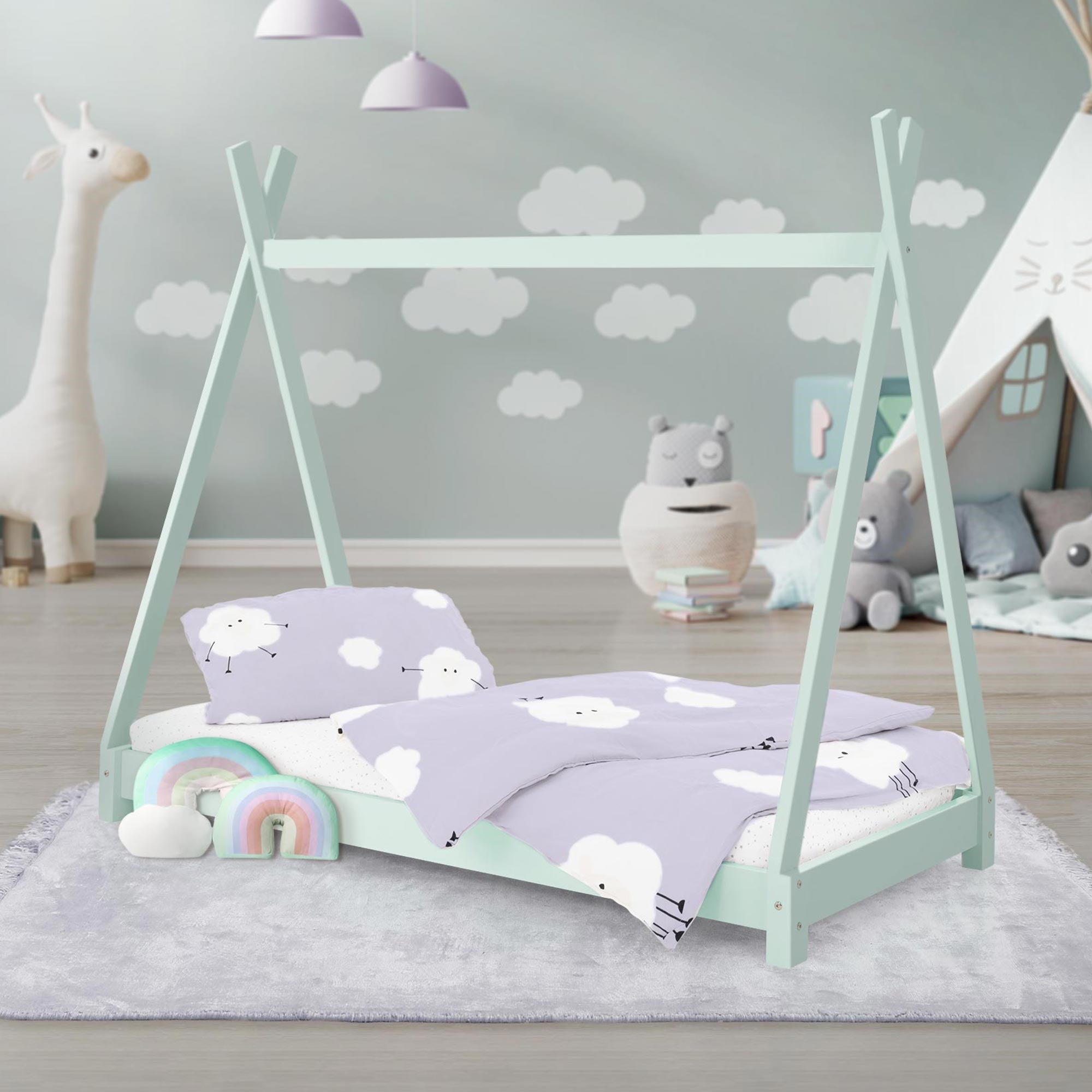 ML-Design łóżko tipi 70x140 cm mietowym z ramą listwową w stylu indianskim wykonane z drewna sosnowego dla chłopców i dziewczynek łóżko młodzieżowe