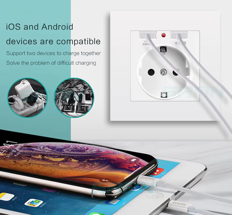 Prise murale avec USB et Type-C, 5 V - 2,1 A, prise USB intégrée standard UE, multiprise française avec boîtier de montage, 110-250 V (noir) - 6