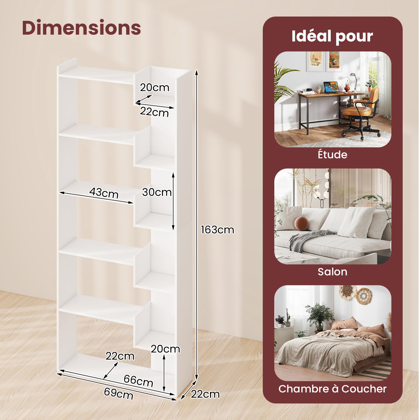 Bibliothèque 6 Niveaux 69 x 22 x 163 cm avec 2 Kits Anti-bascule, 11 Étagères Ouvertes, Patins Pratiques, Style Moderne pour Bureau, Salon, - 4