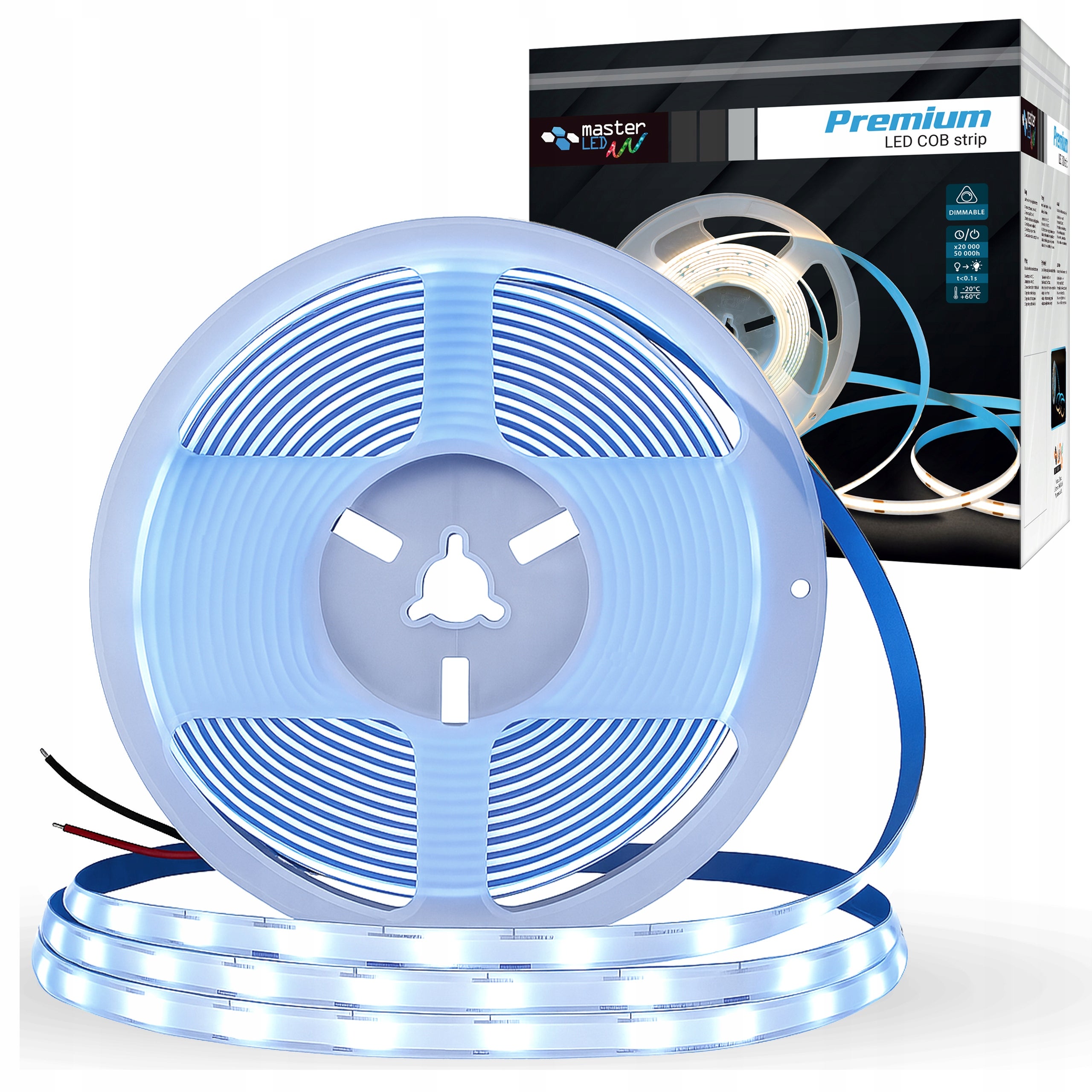 Taśma LED COB 12V Premium 5m 6500K zimna biel IP65 1600 diod rolka wodoodporna MasterLED