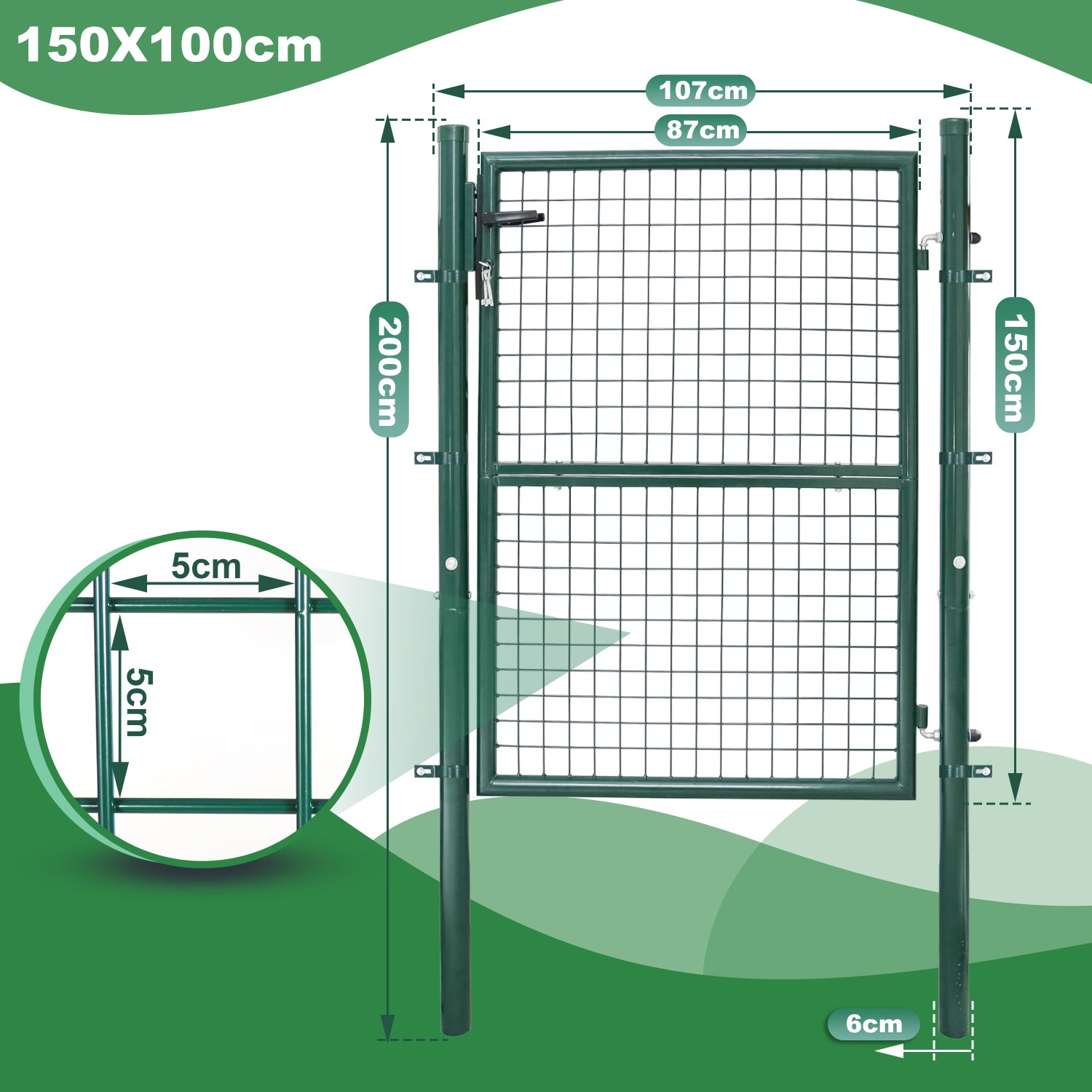 Portillon de jardin - En acier galvanisé - Portail de jardin - Porte de clôture - Avec serrure, poignée et clé 150 x 100cm, Vert - 2