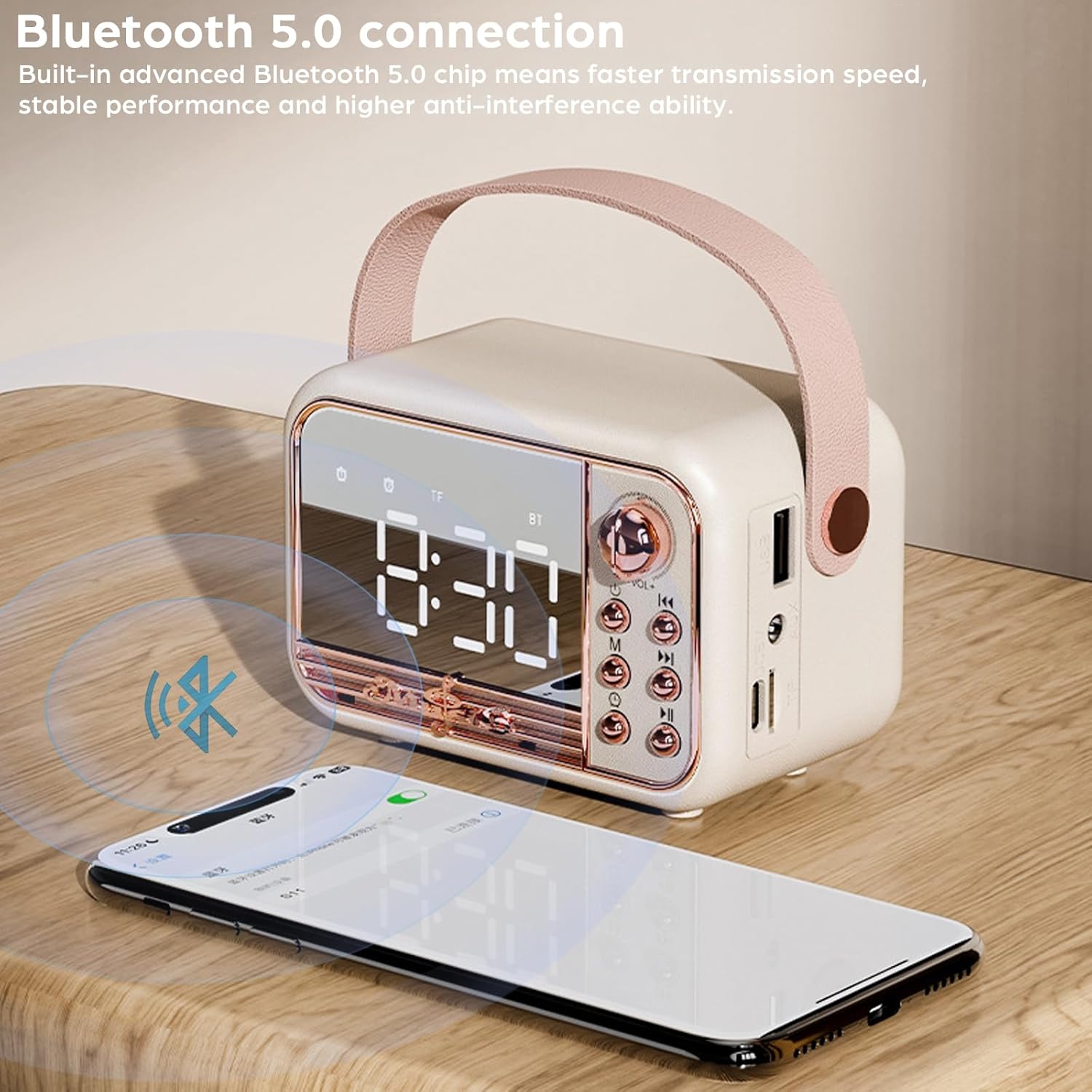 Enceinte Bluetooth portable sans fil avec réveil, volume élevé, prise en charge de la carte TF, disque USB et AUX (blanc cassé) - 2