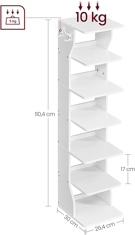 Étagère à Chaussures Fine, Meuble de Rangement sur Pieds 7 Niveaux, Gain de Place, pour Entrée, Coin, Rangement Chaussures, Blanc - 5
