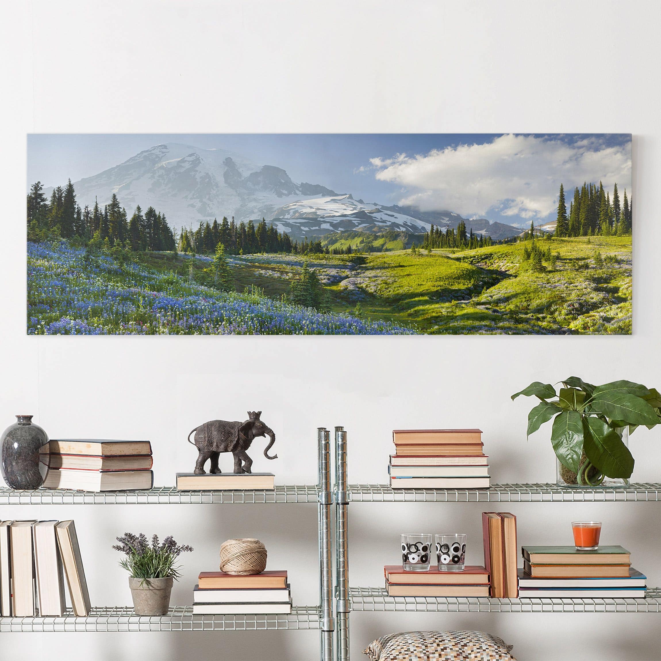 Lienzo cuadro en lienzo bastidor impresion en lienzo verde prado de flores montaña panorama 131 dormitorio salón pasillo 150 x 50 cm