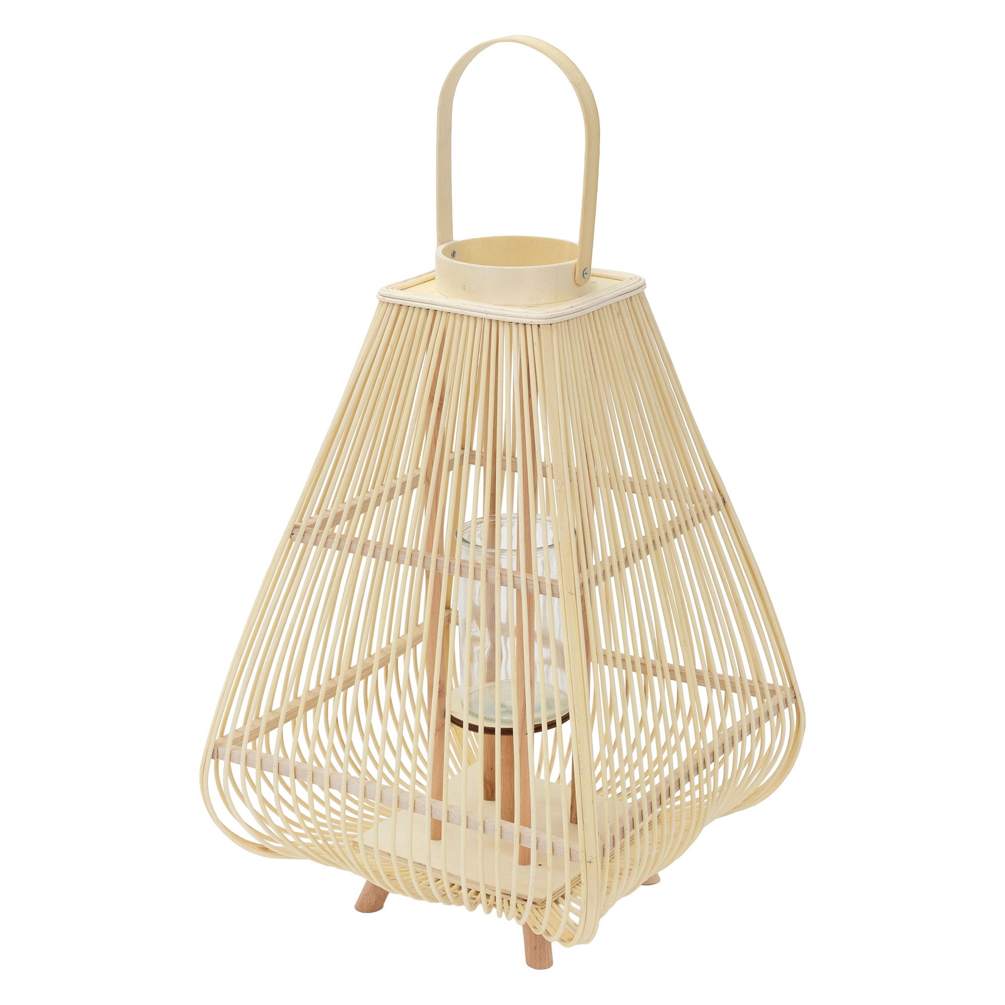 ECD Germany Lampion dekoracyjny latarnia bambusowa 73,5 cm, stylowa ozdoba boho z uchwytem i szklanym wkladem do ogrodu i wnetrz w kolorze naturalnym