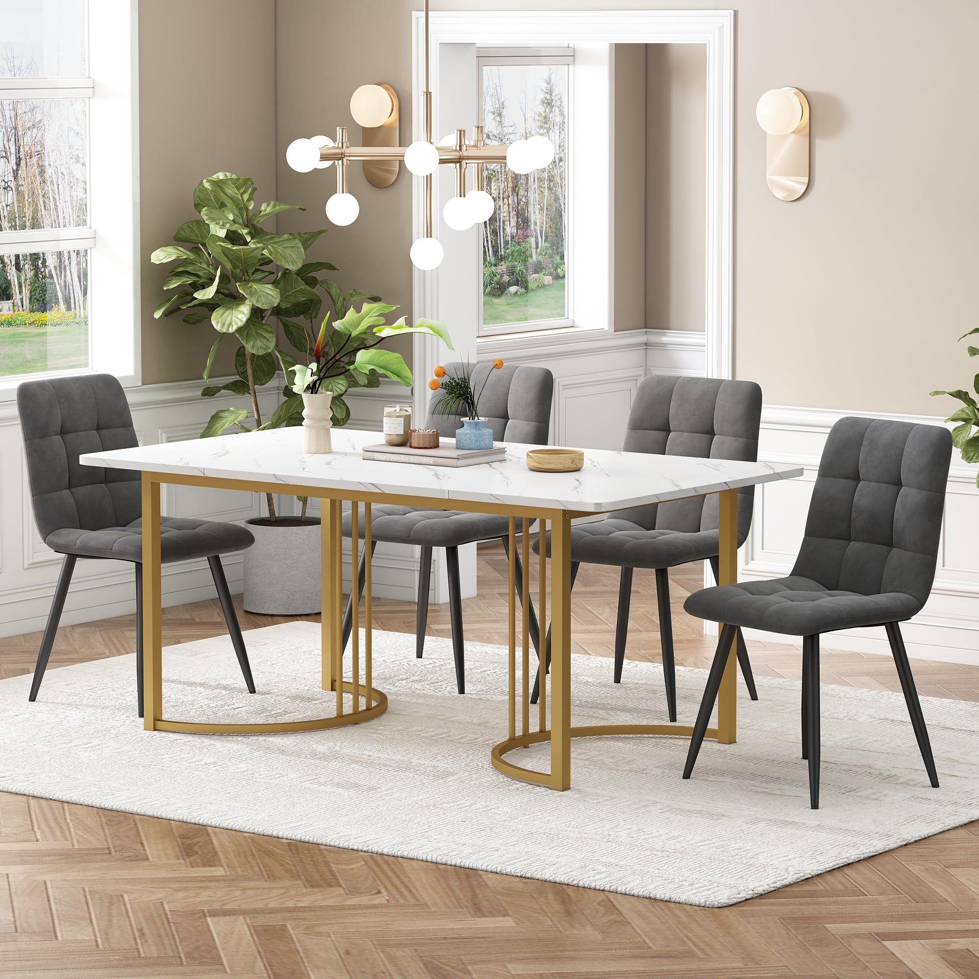 Zestaw stół jadalny + 4 krzesła welurowe - 140 x 80 x 75 cm - MDF i nogi metalowe w kolorze złotym - Efekt marmuru - Szary + biały