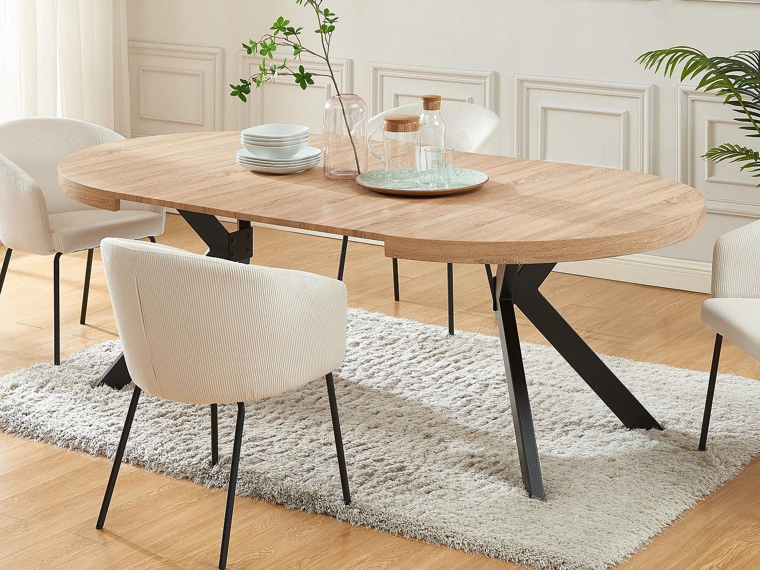 Rozkładany stół do jadalni 4 do 8 osób z MDF i stali - Naturalny i czarny - KOMONI