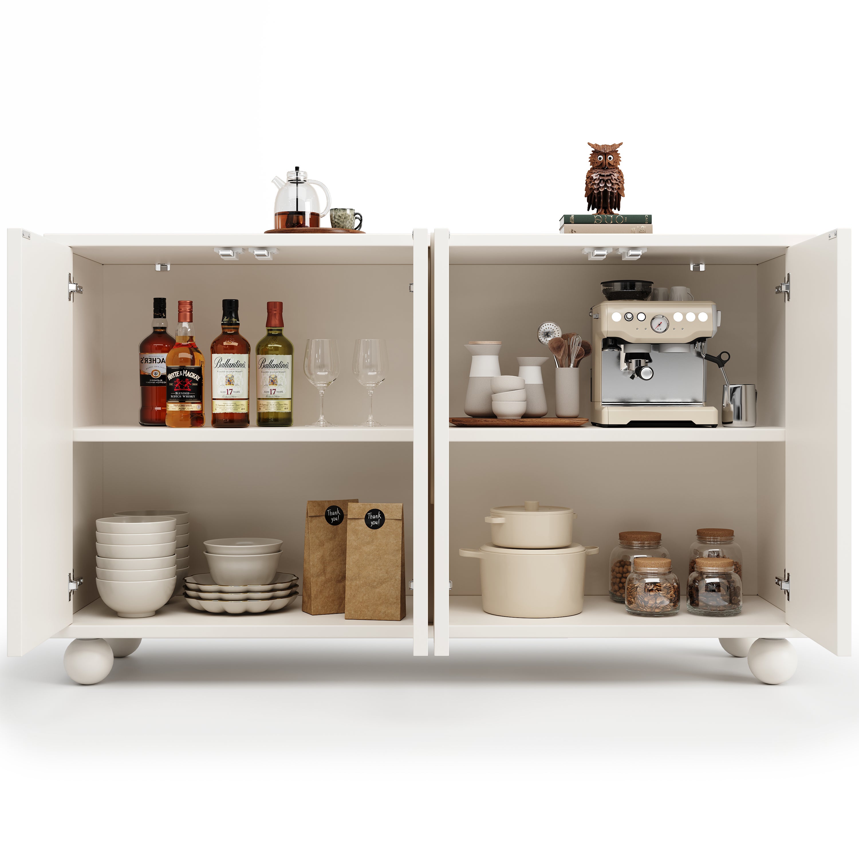 Komoda niska z 4 drzwiami - 120 x 35 x 71 cm - Regulowane półki - Płyta MDF i okrągłe nogi - Do jadalni i salonu - Biała - 7