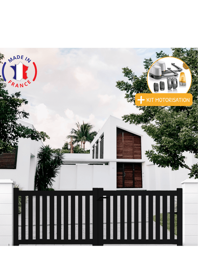 Portail aluminium battant ajouré en kit + Motorisation dimensions L.3000 (entre piliers) X H.1200 mm LOCKYVIA (à bras) Couleurs Noir (RAL 9005)