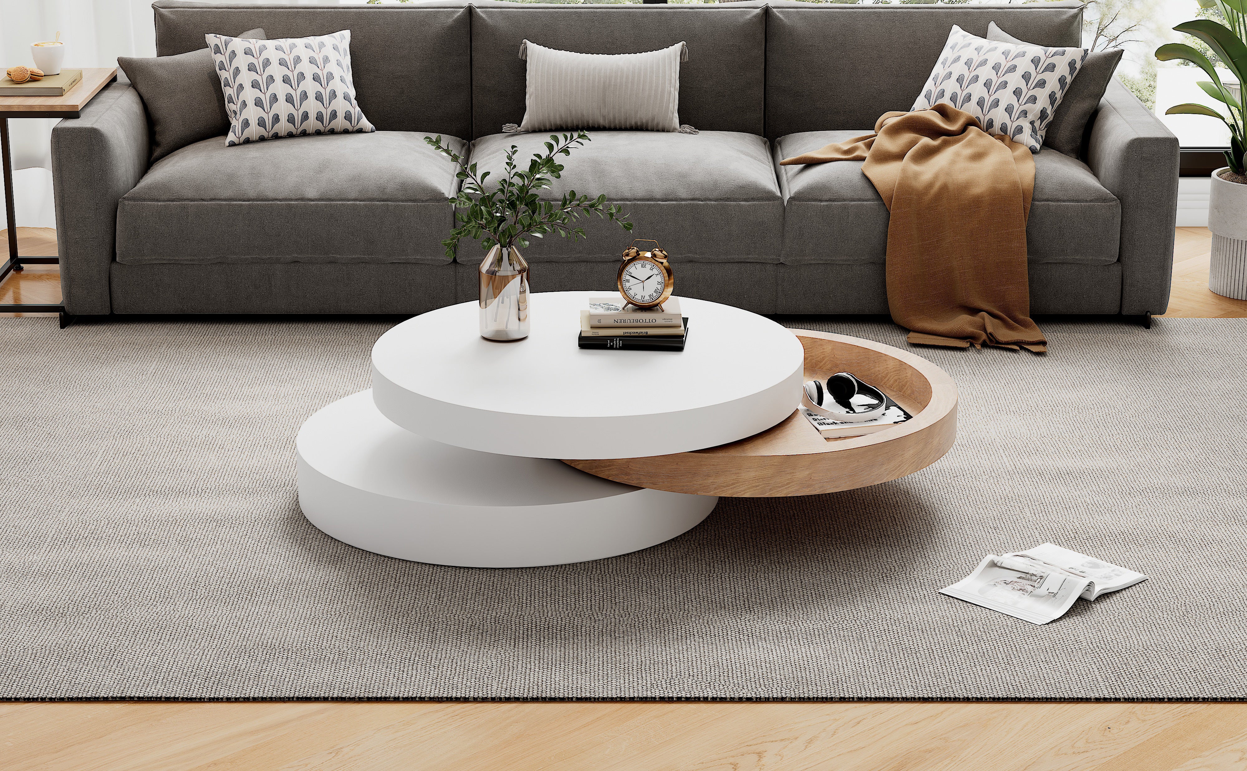 Table basse cylindrique de 60 × 60 × 35,1 cm, table supérieure tournant librement à 360°, table tournante de salon, canapé triple, 3 rangements - 6