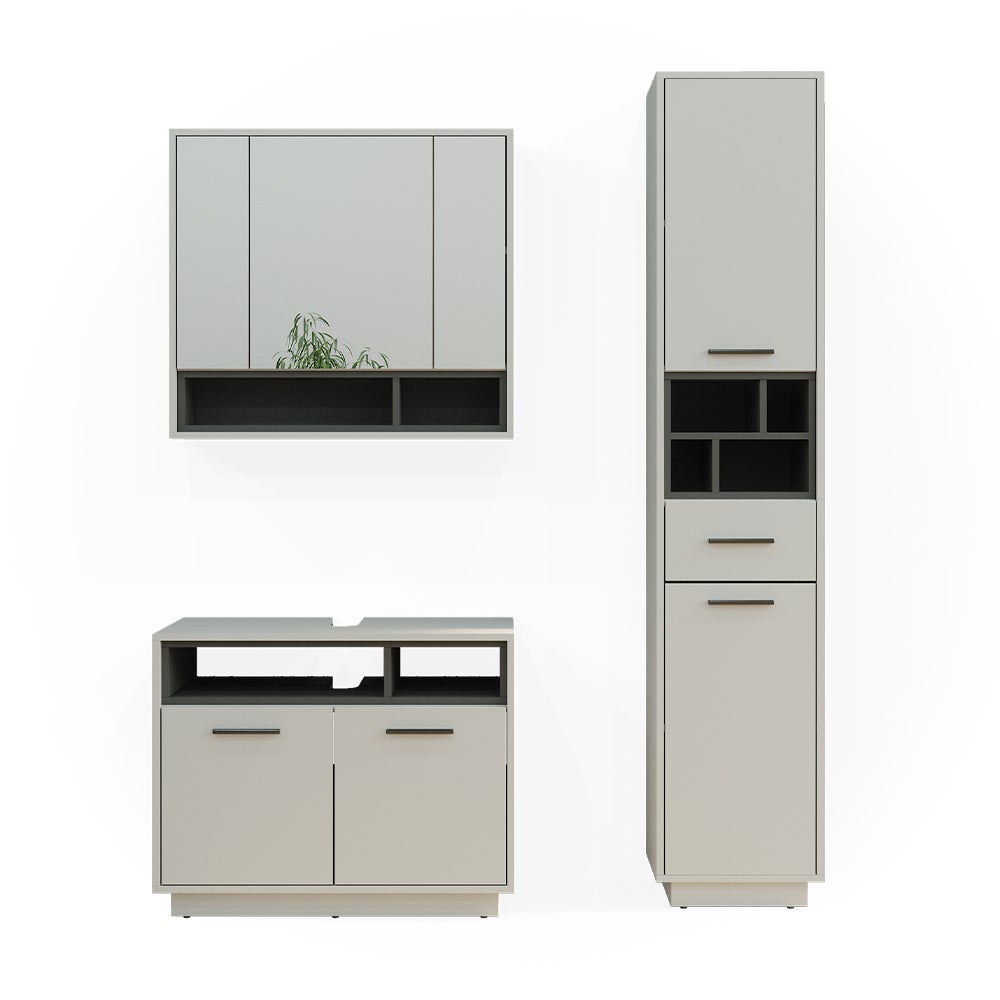 Vicco Zestaw mebli łazienkowych Beatrice, Szary, 3 części, z modułem wysokim