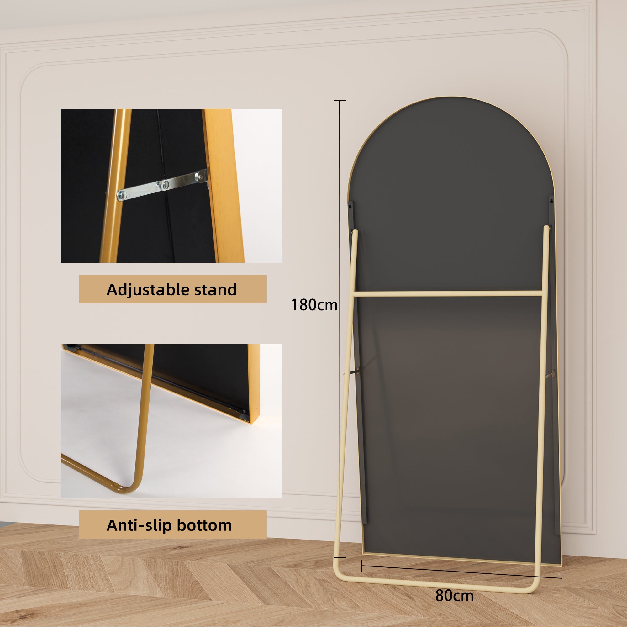 Miroir arc métal doré Arche 180 x 80 cm, Grand miroir sur pied bombé, Cadre en aluminium, Pleine longueur, Miroir pleine longueur, Monté au mur, Doré - 3