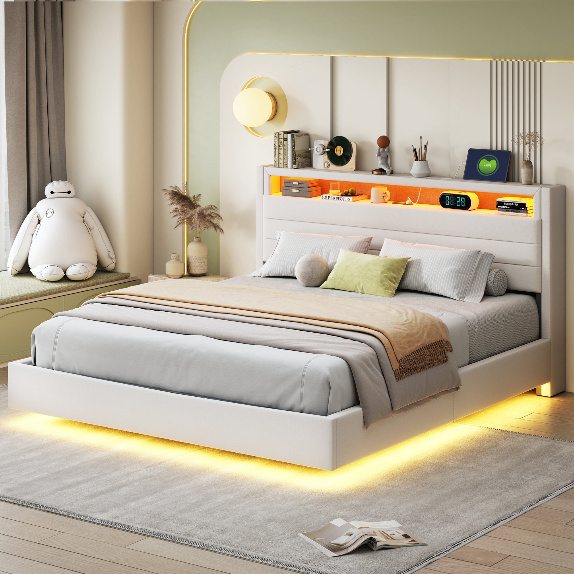 Lit coffre 160 x 200 cm avec tête de lit coffre et compartiments - LEDs et prise USB - Tissu en lin - Beige - 2