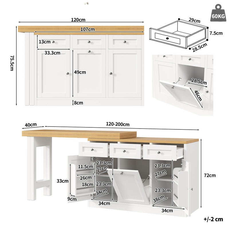 Îlot de cuisine moderne,Table de bar cuisine escamotable,avec Support à poubelle extractible,Table à manger avec tiroir et porte-snack, Blanc - 4