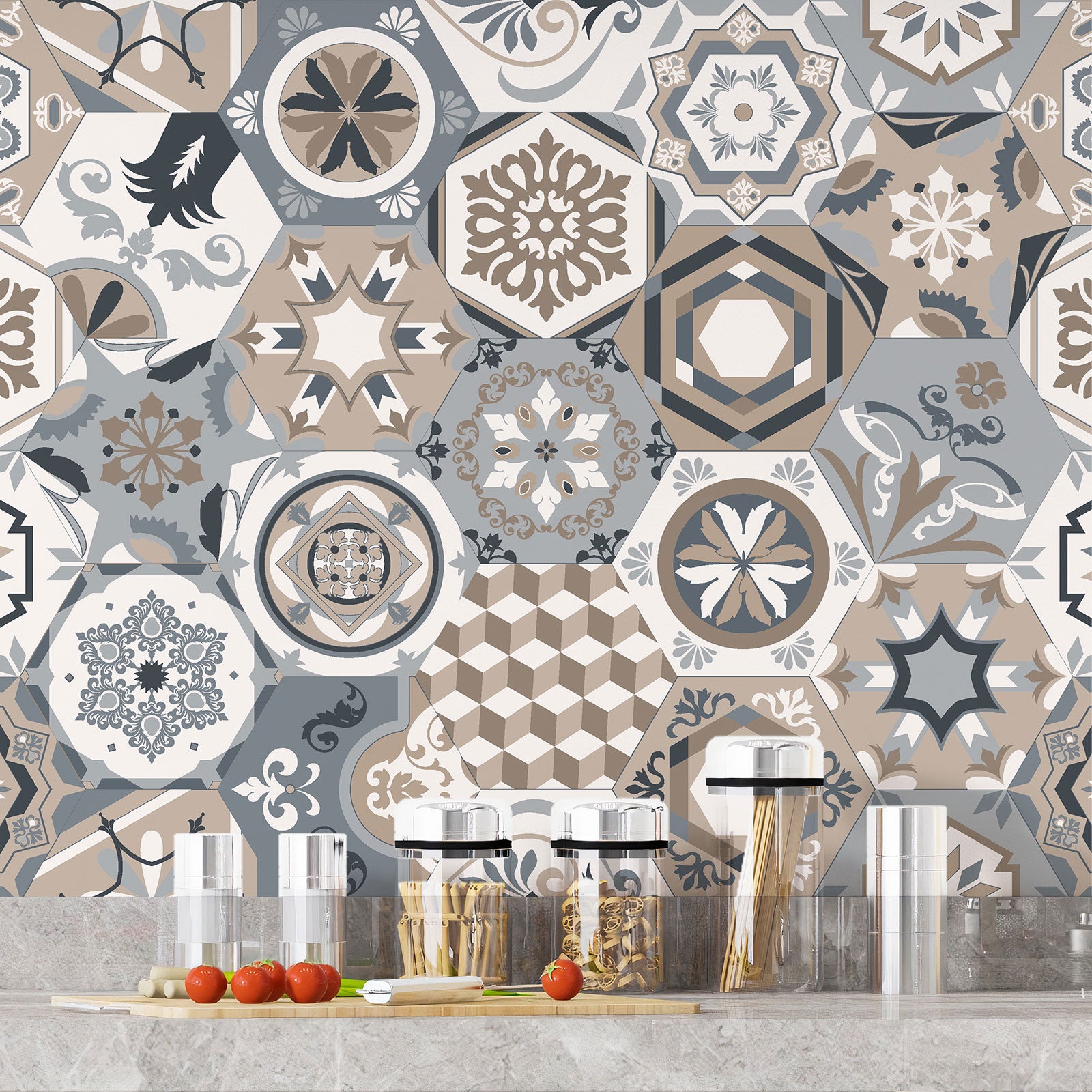 Crédence adhésive sticker décoratif pour cuisine - Effet carreaux de ciment - Adhésif BRILLANT - 60x78 cm - 4