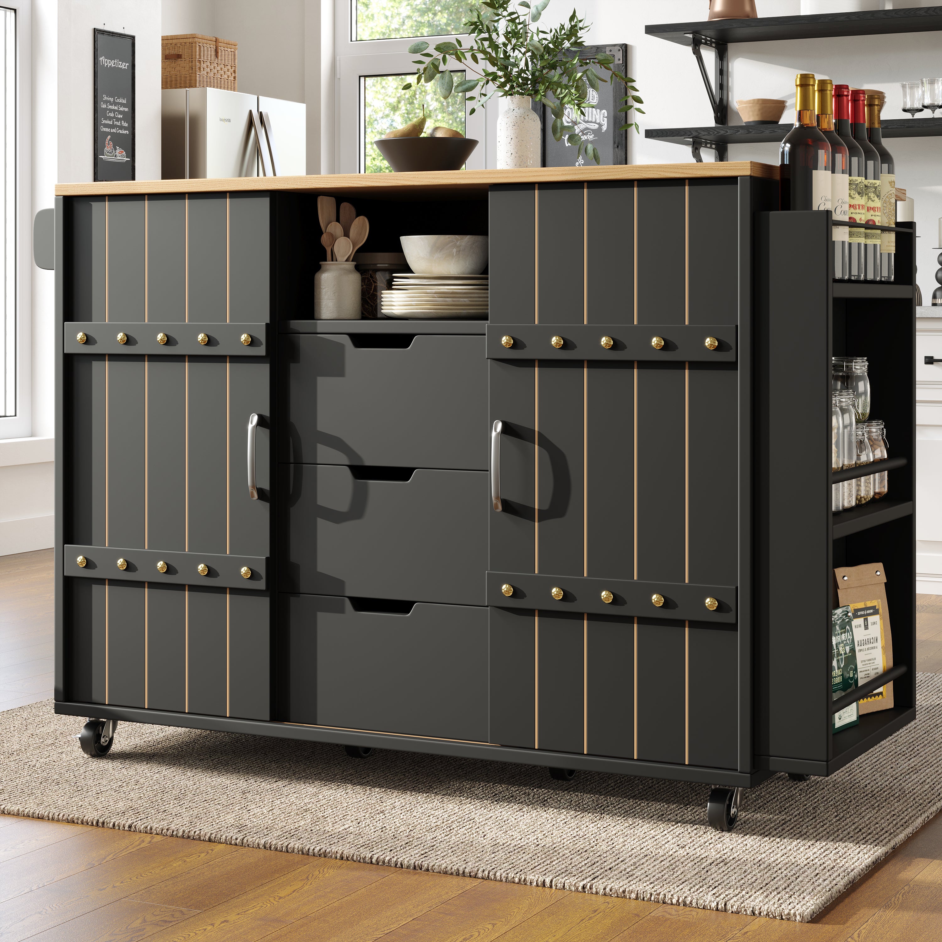 Buffet cuisine avec plan de travail, Chariot à roulettes avec tiroirs, Desserte cuisine avec étagère à épices et porte serviettes,Noir 110x42x90cm - 2
