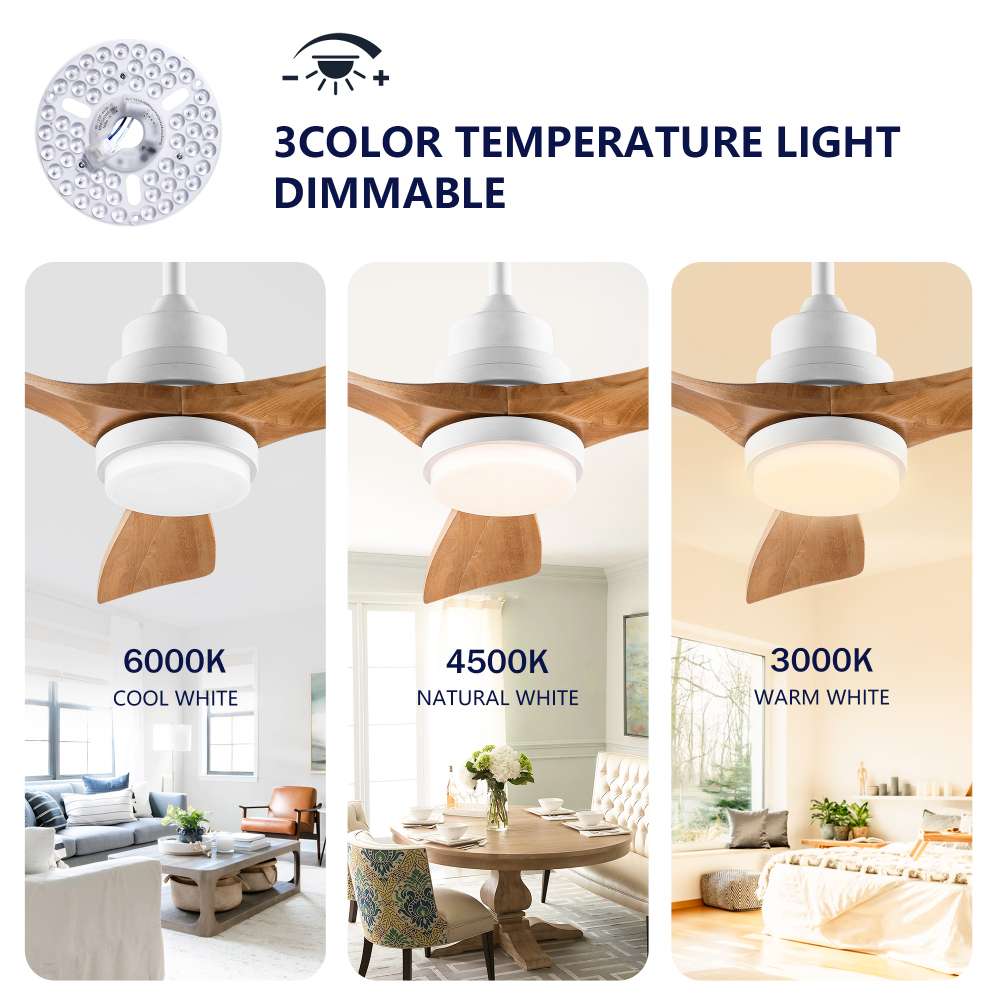 Ventilateur de plafond 107cm avec lumière et télécommande, intérieur/extérieur, 3 pales, style moderne, terrasse salon ferme - 9