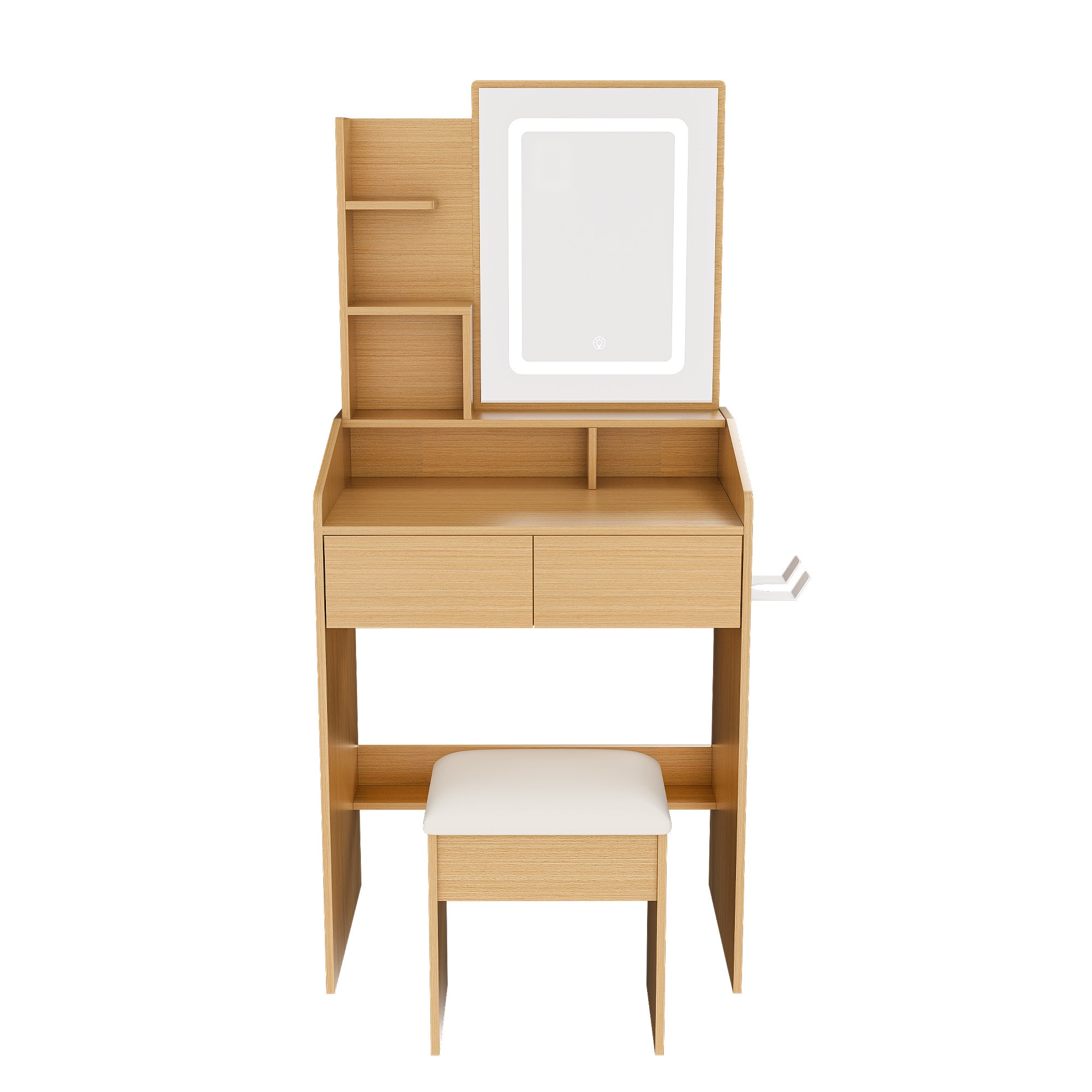 Coiffeuse avec miroir éclairé par LED, support pour sèche-cheveux et tabouret rembourré – Table compacte,L60 × H130 × P36 cm, finition bois naturel - 6
