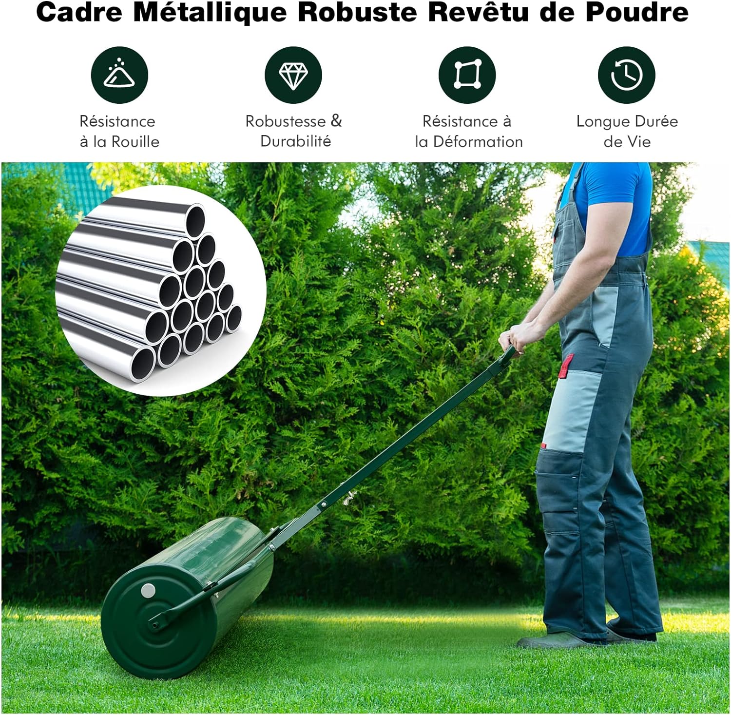 Rullo per Prato in Metallo, Rullo da Giardino Riempibile con 30 Litri di Acqua/Sabbia, con Gancio e Impugnatura Staccabile per Giardino, Prato - 7
