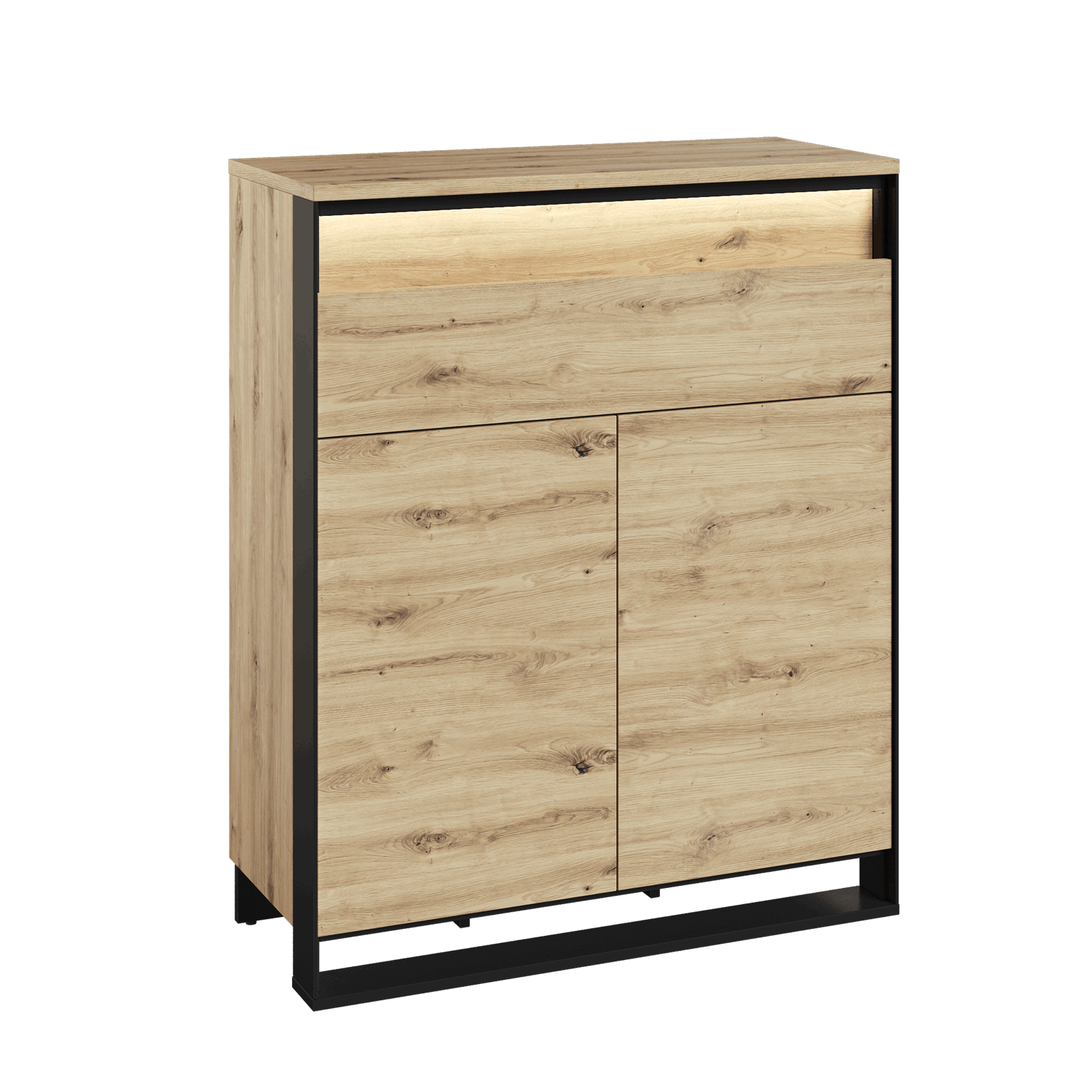 Komoda dwudrzwiowa QUARO z szufladą i LED – dąb artisan, czarna rama