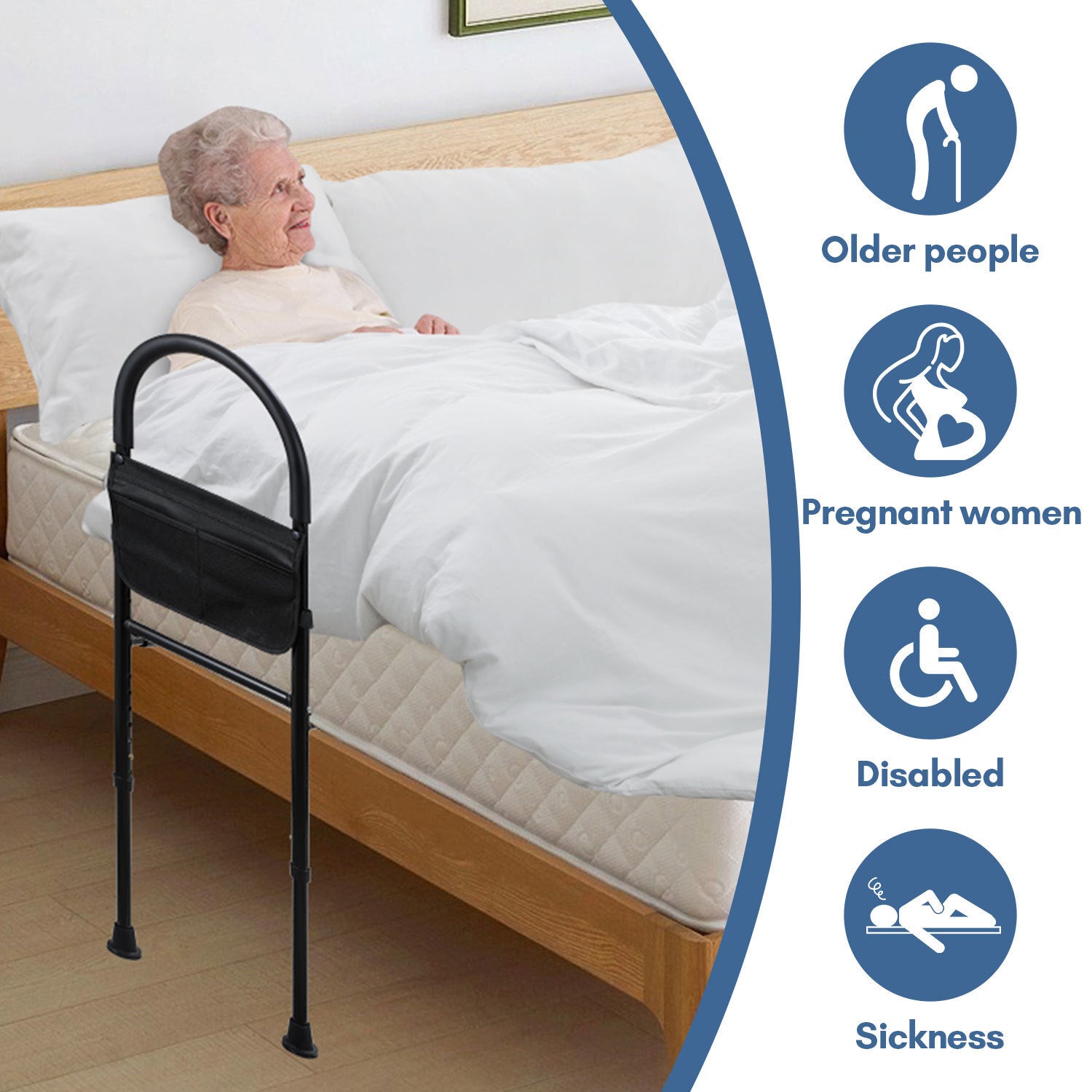 Barreira de cama para adultos com bolsa de arrumação - Barra de apoio ajustável e cinta de segurança - Ideal para idosos - 3