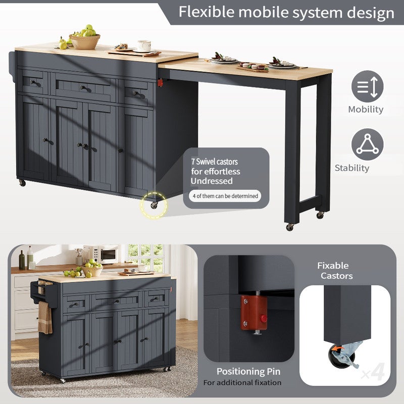 Îlot de cuisine mobile,ilot central cuisine avec table extensible,Kitchen island autoportant avec étagère à épices et tiroir,pour aux cuisines,Gris - 2
