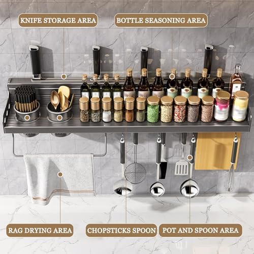 Organisateur mural ustensiles cuisine 60cm - Support couteaux avec crochets, étagère multifonction - 2
