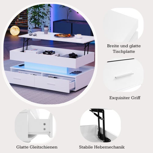 Table basse relevable LED 100x50x44 cm , Bluetooth, 2 Tiroirs et Rangement - pour Salon - Blanc - 5