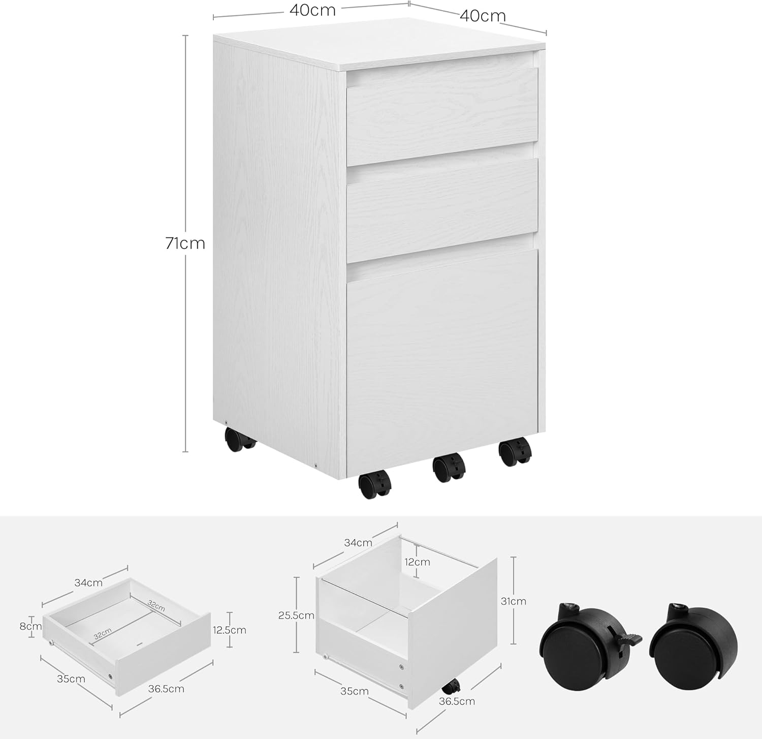 Caisson Bureau Mobile WOLTU, Meuble Rangement Bureau sur roulettes, avec 3 Tiroirs, Blanc, 40x40x70cm - 4